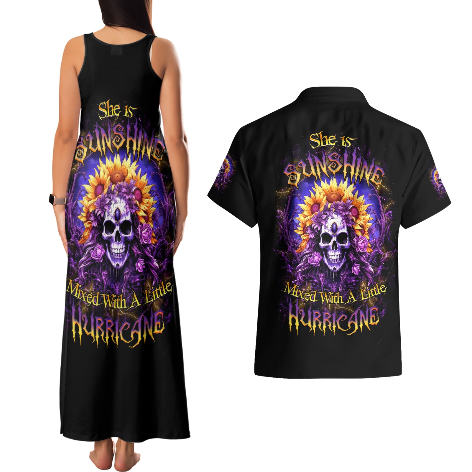 Sunflower Skull Couples Matching Tank Maxi Dress and Hawaiian Shirt She Is Sunshine Mixed With A Little Hurricane