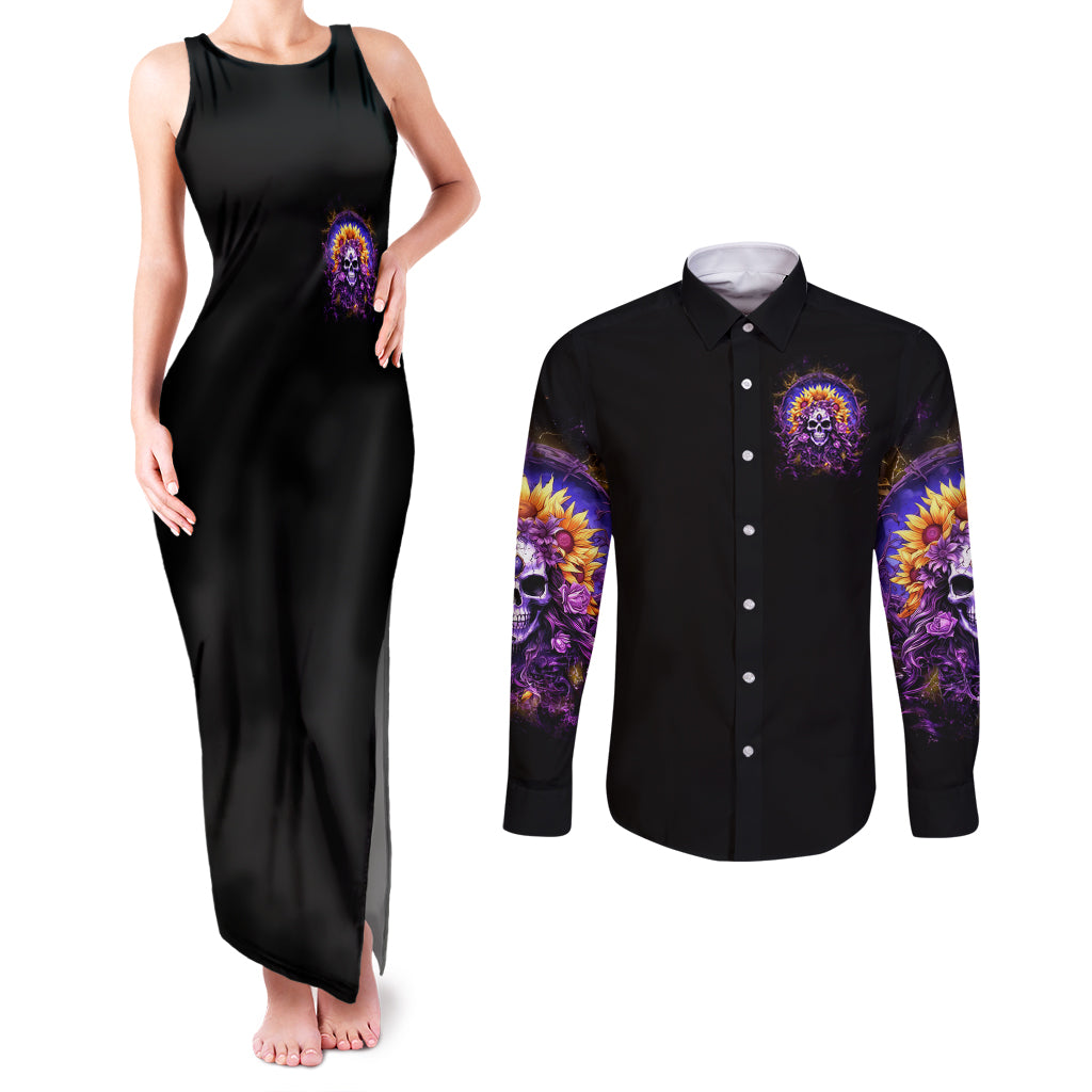 Sunflower Skull Couples Matching Tank Maxi Dress and Long Sleeve Button Shirt She Is Sunshine Mixed With A Little Hurricane