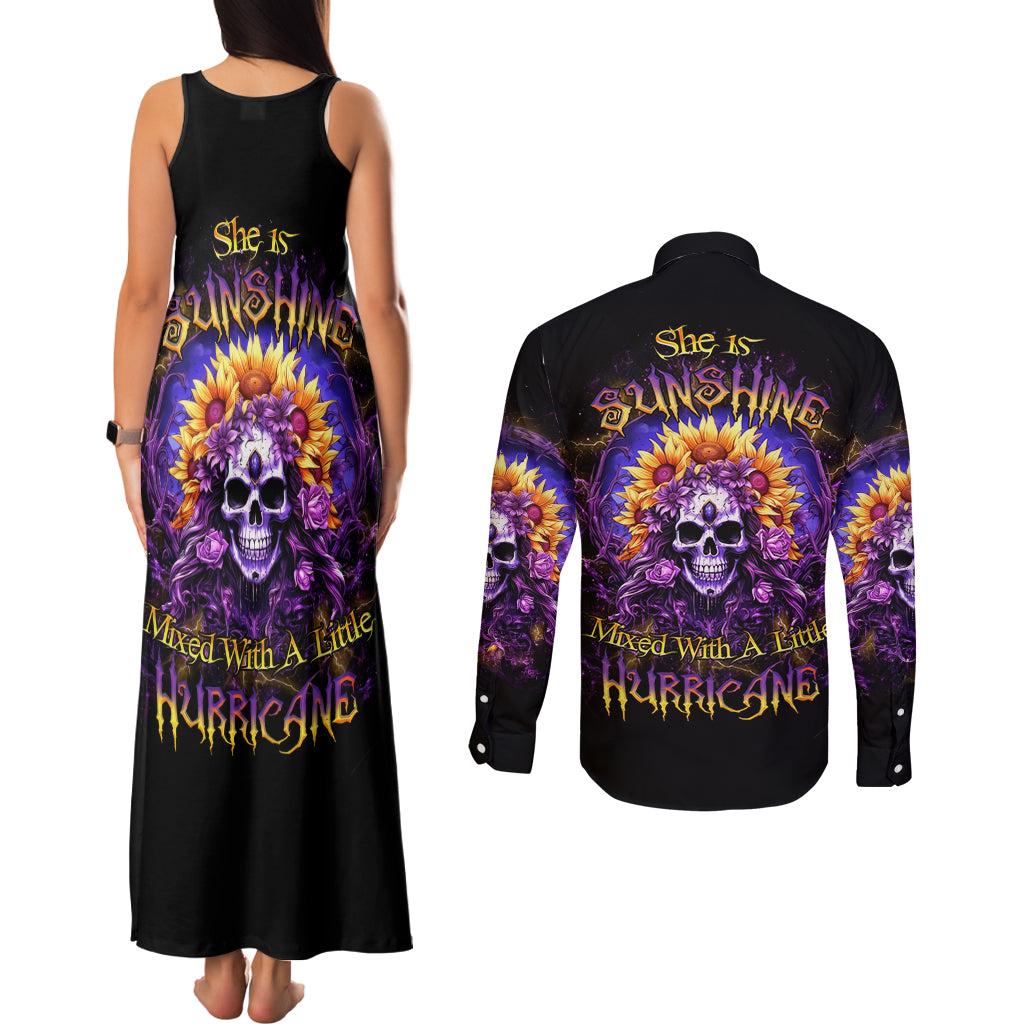 Sunflower Skull Couples Matching Tank Maxi Dress and Long Sleeve Button Shirt She Is Sunshine Mixed With A Little Hurricane