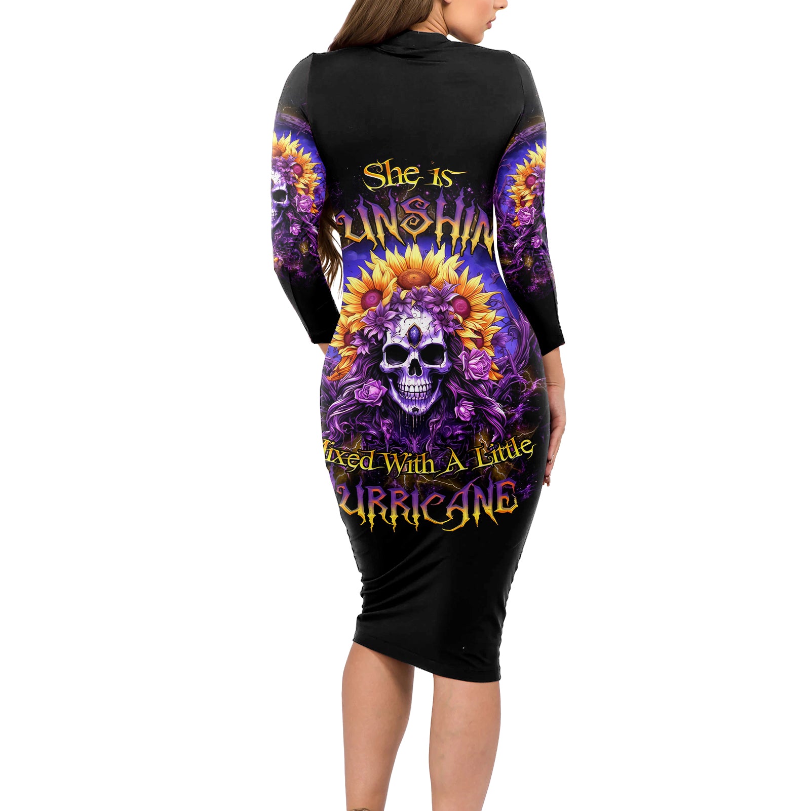 Sunflower Skull Long Sleeve Bodycon Dress She Is Sunshine Mixed With A Little Hurricane