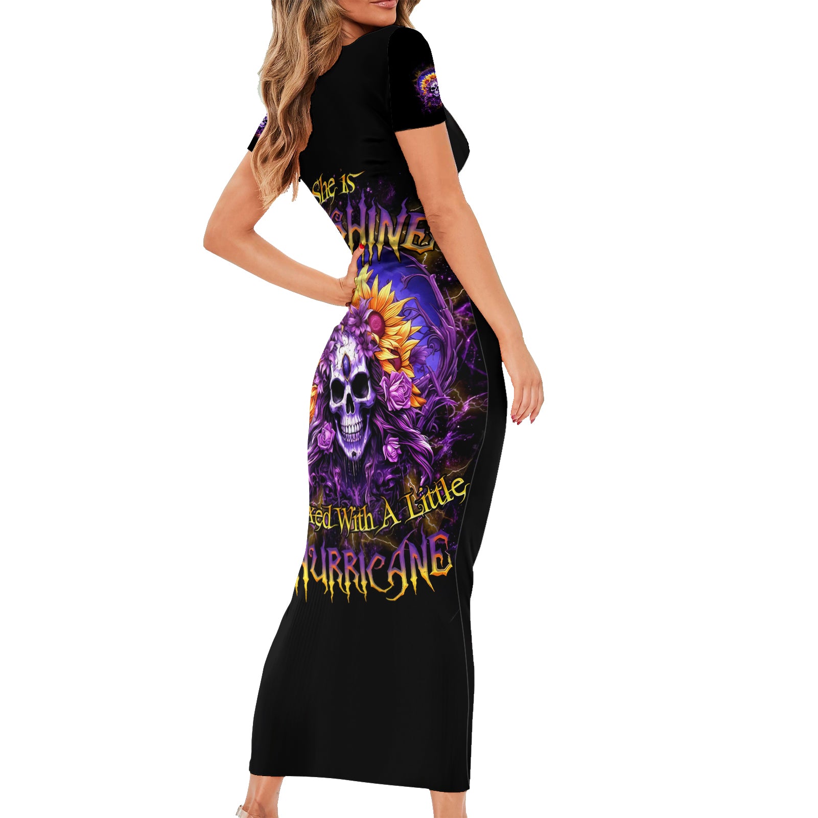 Sunflower Skull Short Sleeve Bodycon Dress She Is Sunshine Mixed With A Little Hurricane
