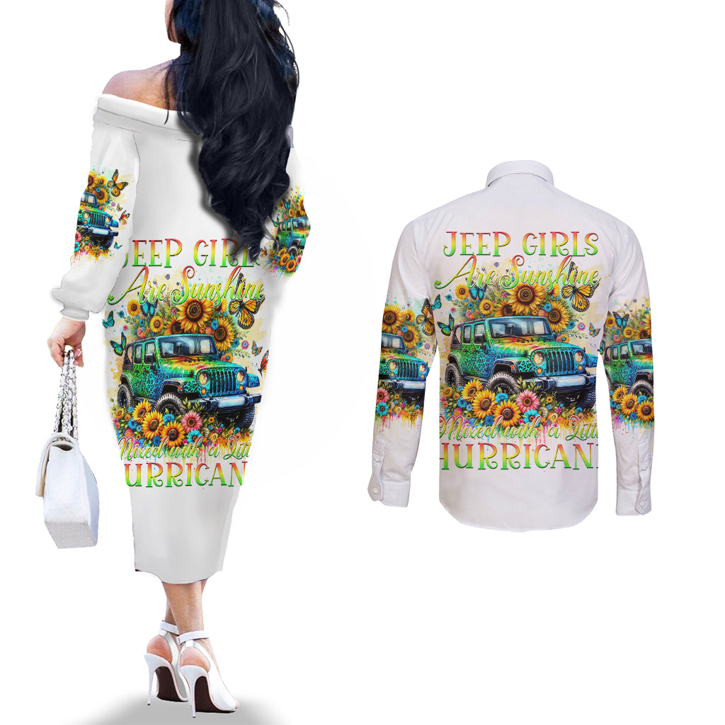 Hippie Jeep Couples Matching Off The Shoulder Long Sleeve Dress and Long Sleeve Button Shirt Jeep Girls Are Sunshine Mixed With A Little Hurricane