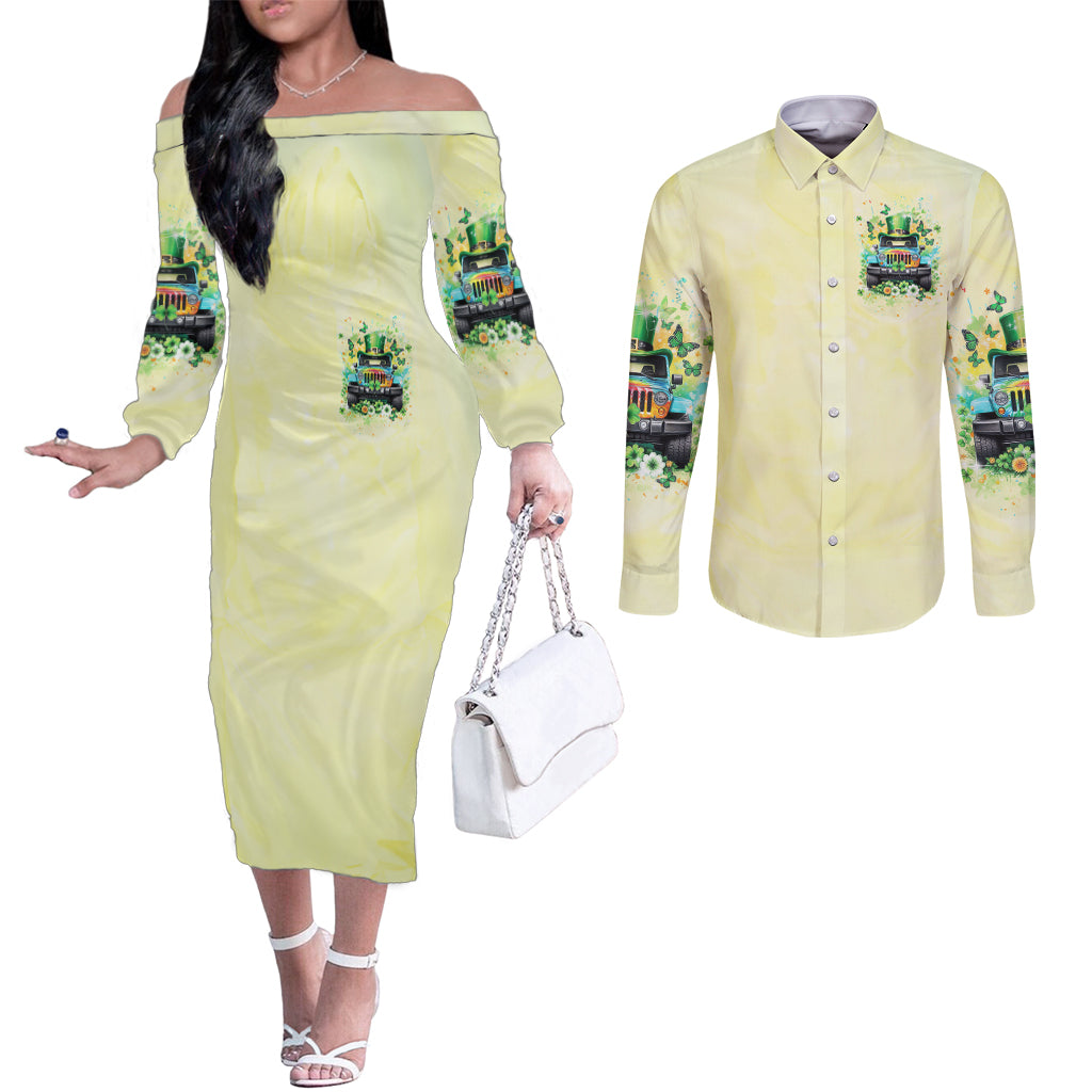 Irish Jeep Couples Matching Off The Shoulder Long Sleeve Dress and Long Sleeve Button Shirt In March We Wear Green