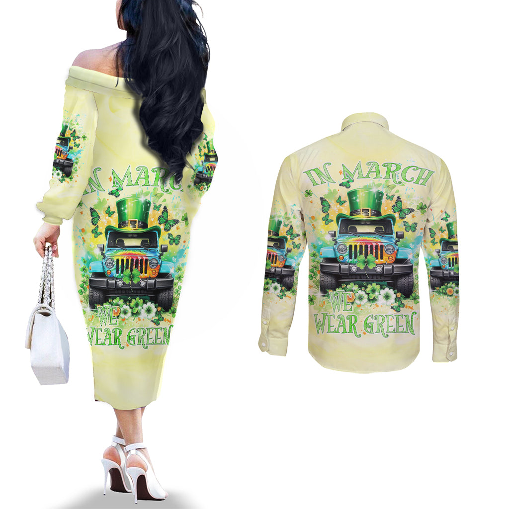 Irish Jeep Couples Matching Off The Shoulder Long Sleeve Dress and Long Sleeve Button Shirt In March We Wear Green