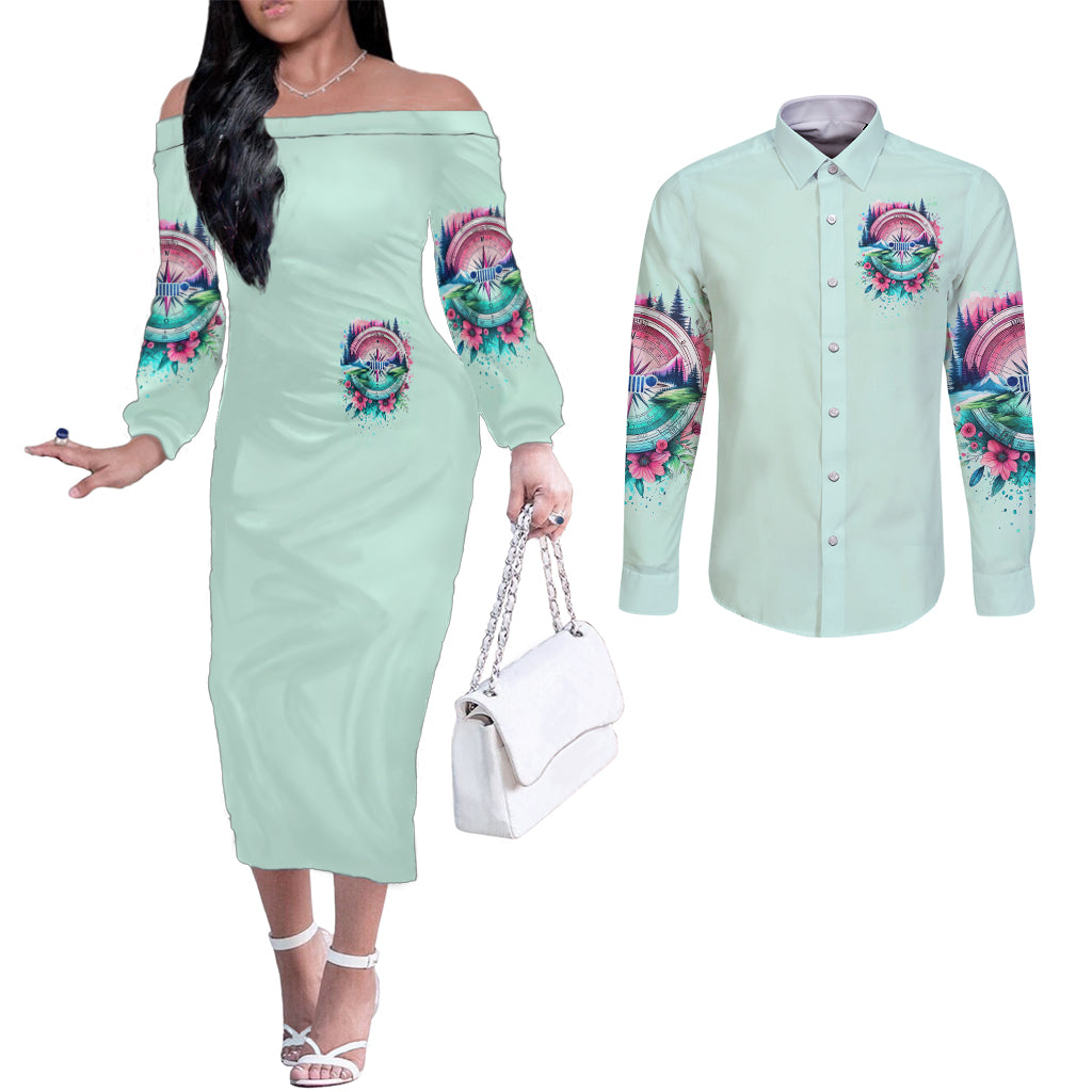 Jeep Life Couples Matching Off The Shoulder Long Sleeve Dress and Long Sleeve Button Shirt Compass Jeep