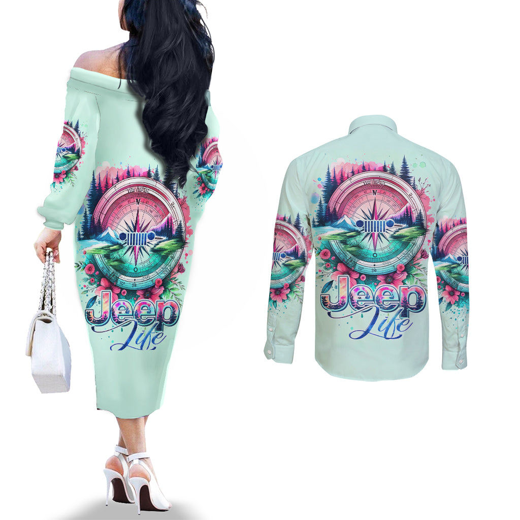 Jeep Life Couples Matching Off The Shoulder Long Sleeve Dress and Long Sleeve Button Shirt Compass Jeep
