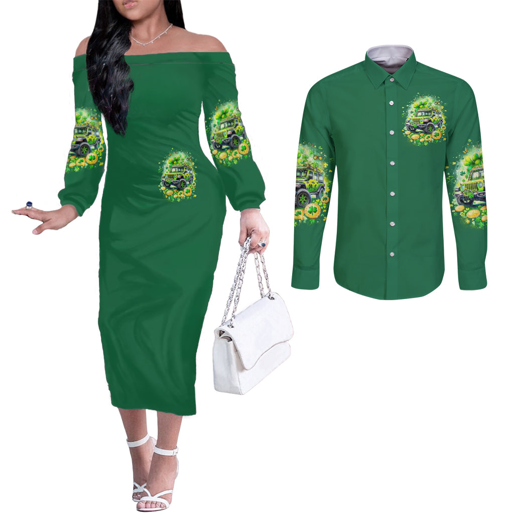 Irish Jeep Couples Matching Off The Shoulder Long Sleeve Dress and Long Sleeve Button Shirt In March We Wear Green