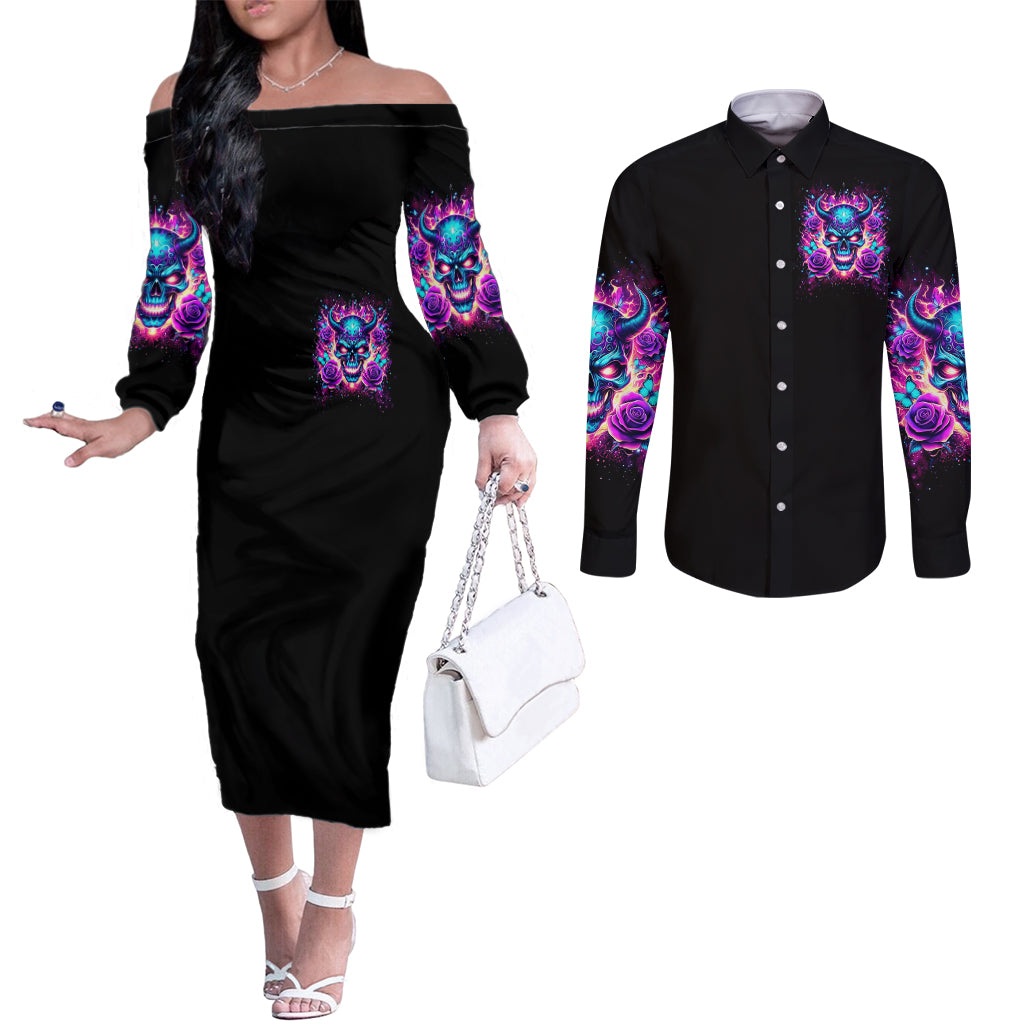Thunder Skull Couples Matching Off The Shoulder Long Sleeve Dress and Long Sleeve Button Shirt Love Me Like My Demons Do