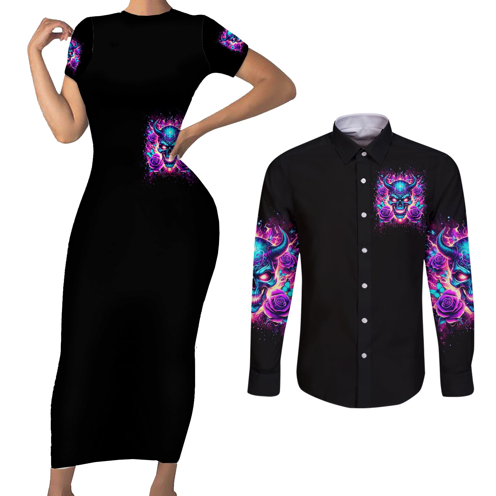 Thunder Skull Couples Matching Short Sleeve Bodycon Dress and Long Sleeve Button Shirt Love Me Like My Demons Do