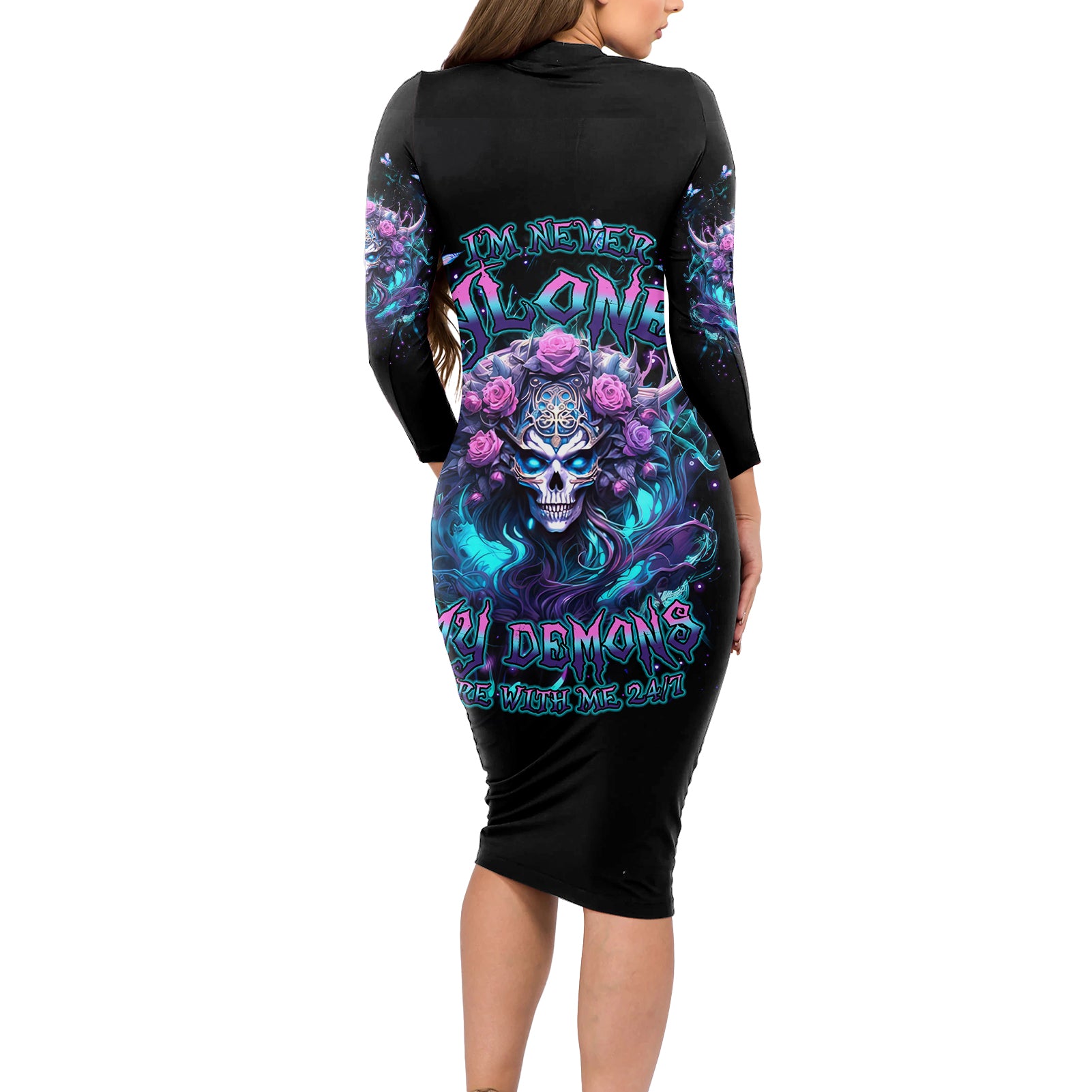 Rose Skull Long Sleeve Bodycon Dress I'm Never Alone My Demons Are With Me 24/7