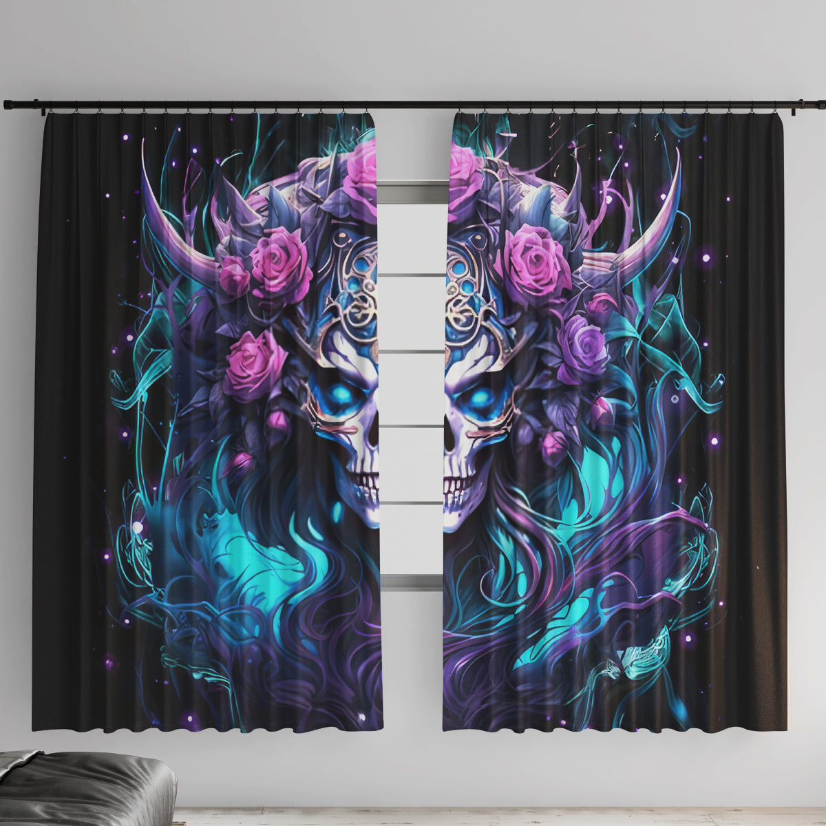 Rose Skull Window Curtain I'm Never Alone My Demons Are With Me 24/7