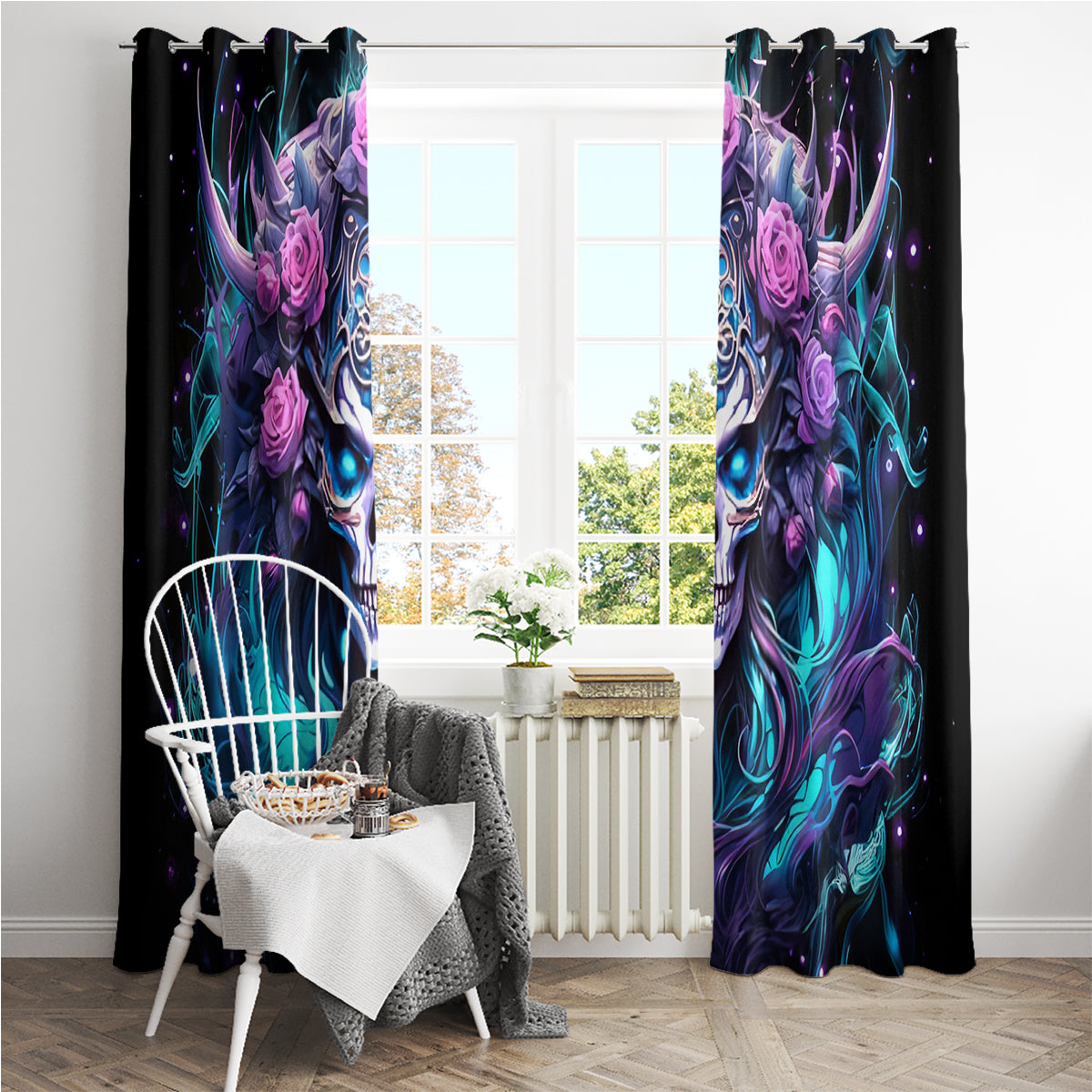 Rose Skull Window Curtain I'm Never Alone My Demons Are With Me 24/7