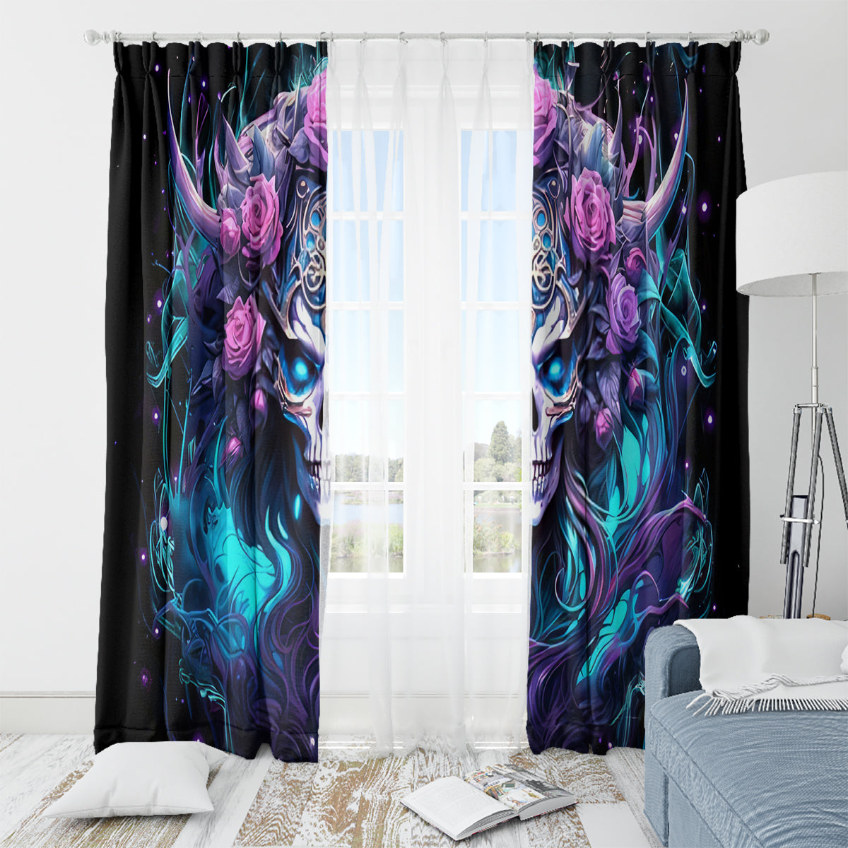 Rose Skull Window Curtain I'm Never Alone My Demons Are With Me 24/7