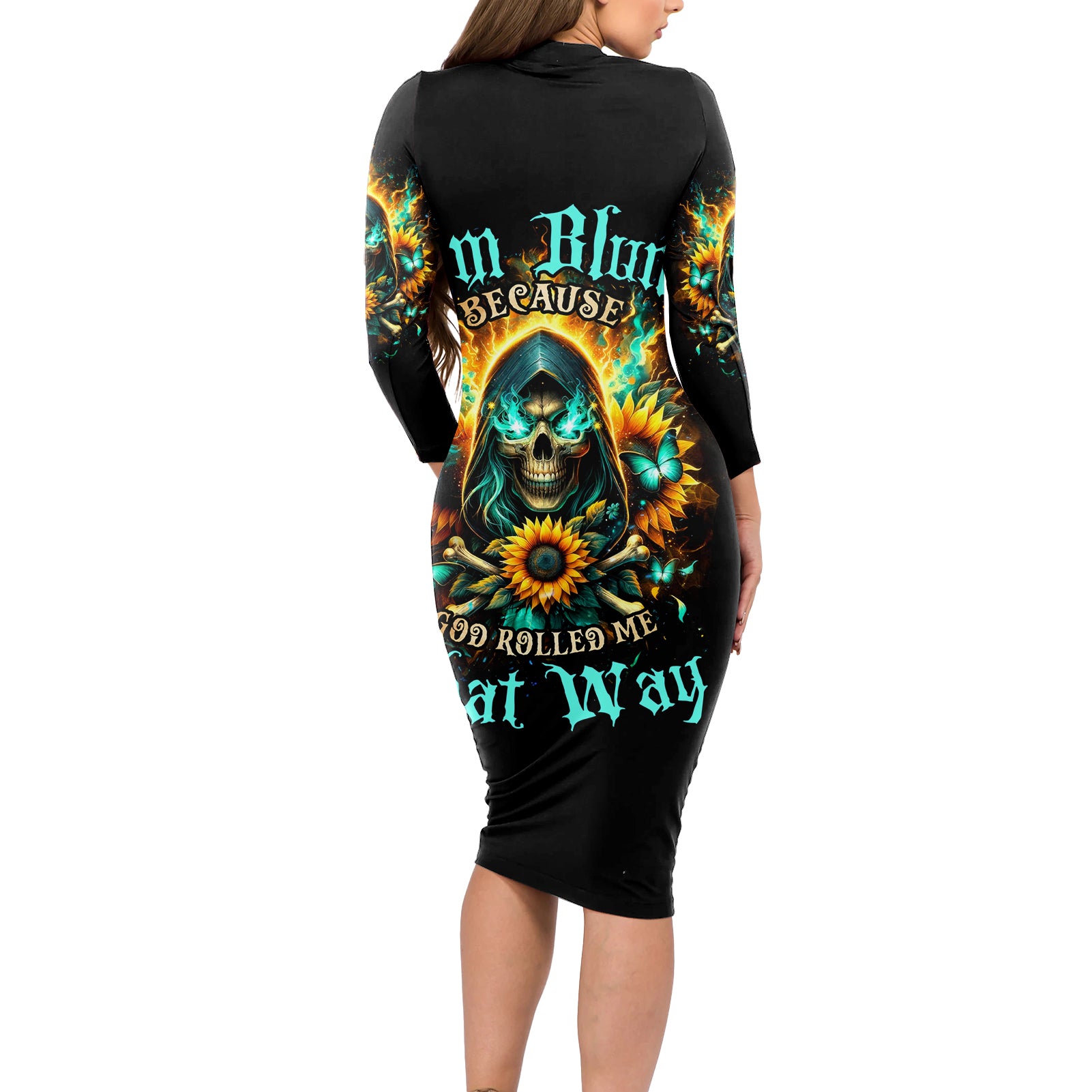 Sunflower Skull Long Sleeve Bodycon Dress I'm Blunt Because God Rolled Me That Way