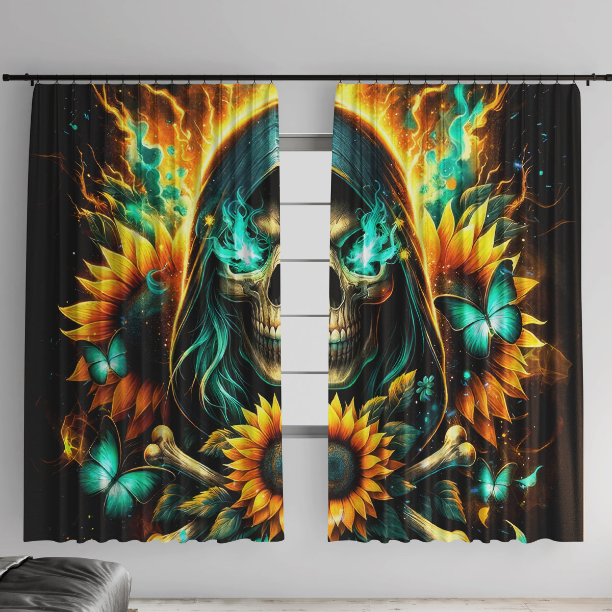 Sunflower Skull Window Curtain I'm Blunt Because God Rolled Me That Way