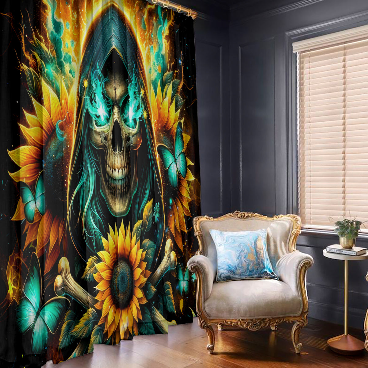 Sunflower Skull Window Curtain I'm Blunt Because God Rolled Me That Way