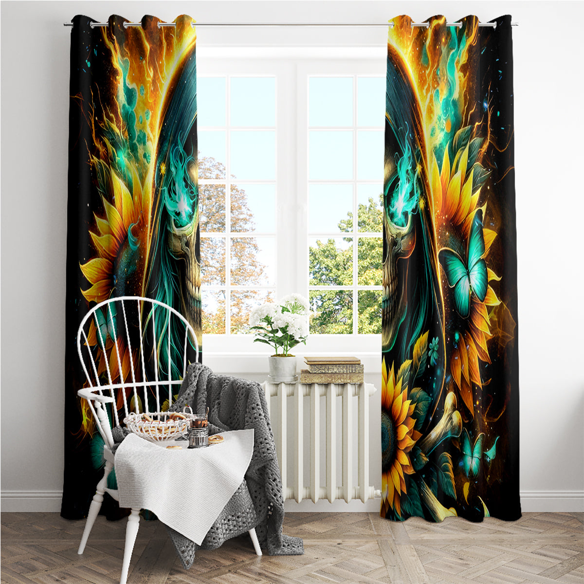 Sunflower Skull Window Curtain I'm Blunt Because God Rolled Me That Way