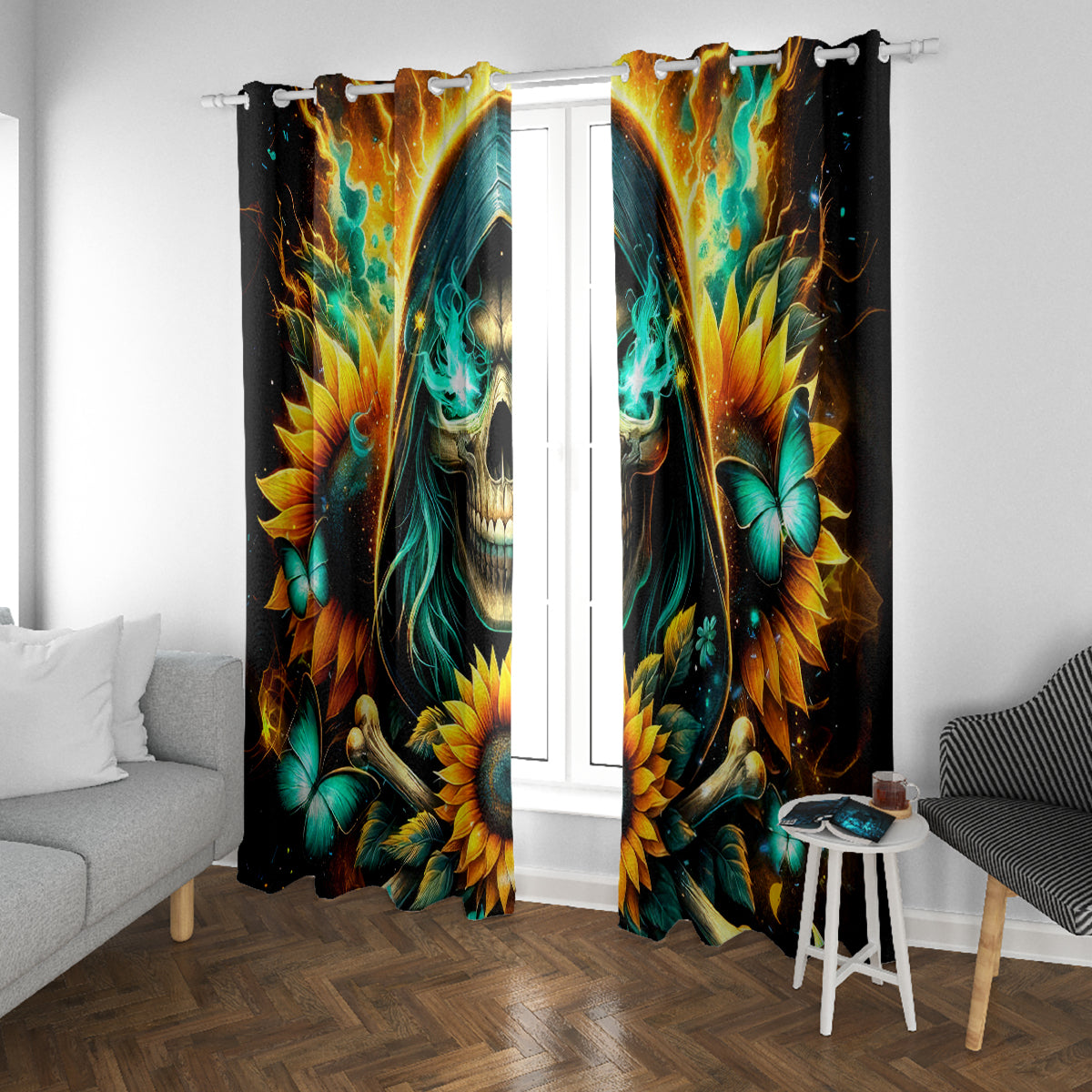Sunflower Skull Window Curtain I'm Blunt Because God Rolled Me That Way