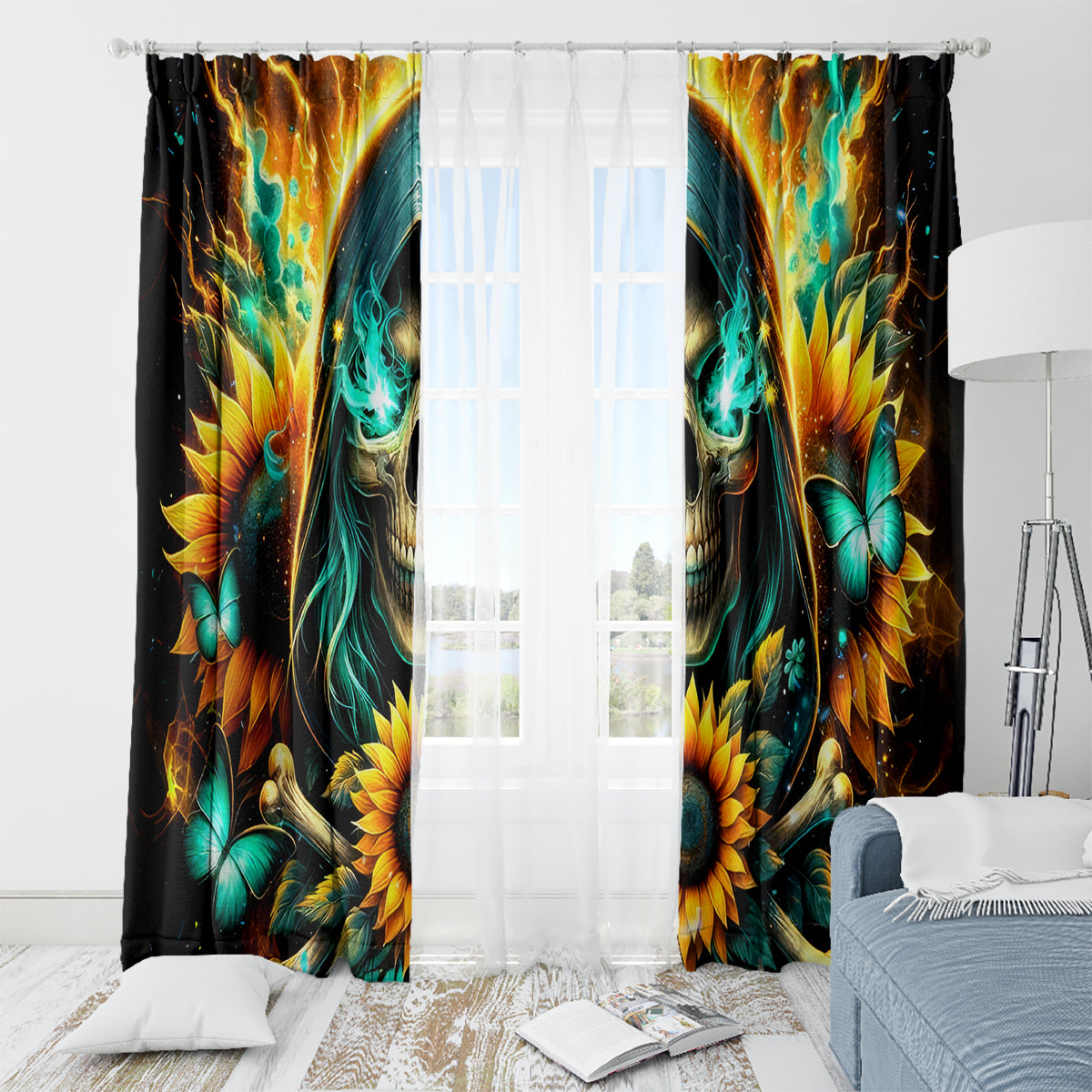 Sunflower Skull Window Curtain I'm Blunt Because God Rolled Me That Way