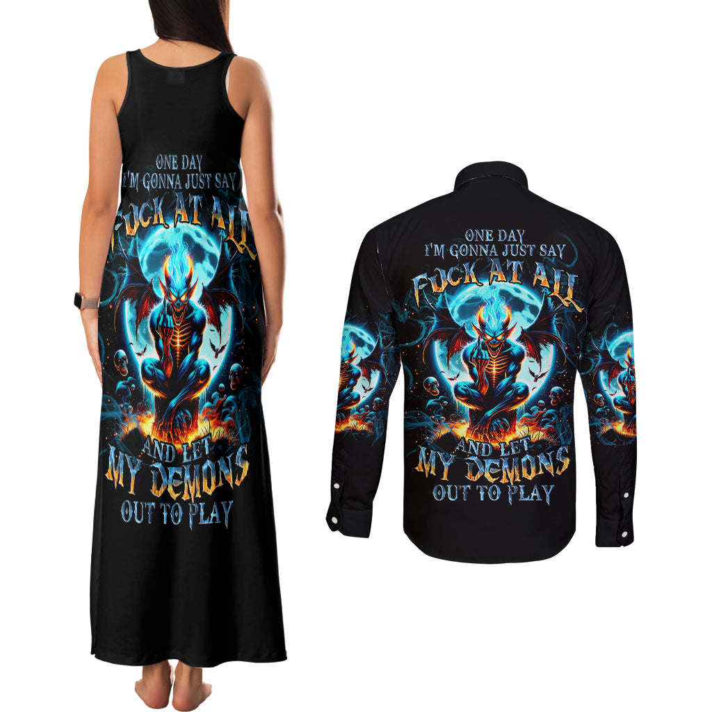 Devil Skull Couples Matching Tank Maxi Dress and Long Sleeve Button Shirt One Day I'm Gonna Just Say And Let My Demons Out Play