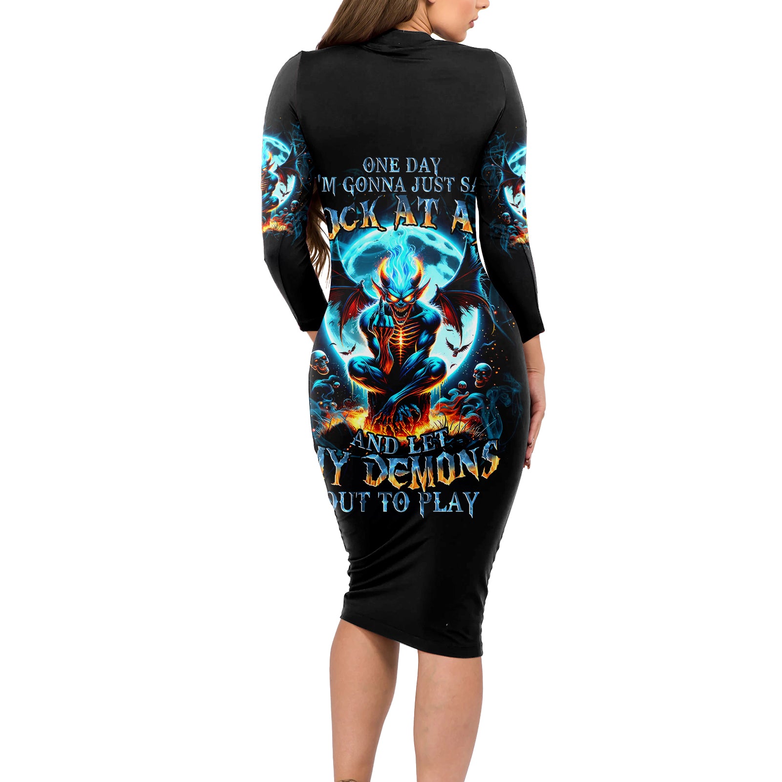 Devil Skull Long Sleeve Bodycon Dress One Day I'm Gonna Just Say And Let My Demons Out Play