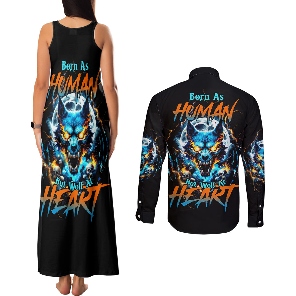 Wolf Skull Couples Matching Tank Maxi Dress and Long Sleeve Button Shirt Born As Human But Wolft At Heart