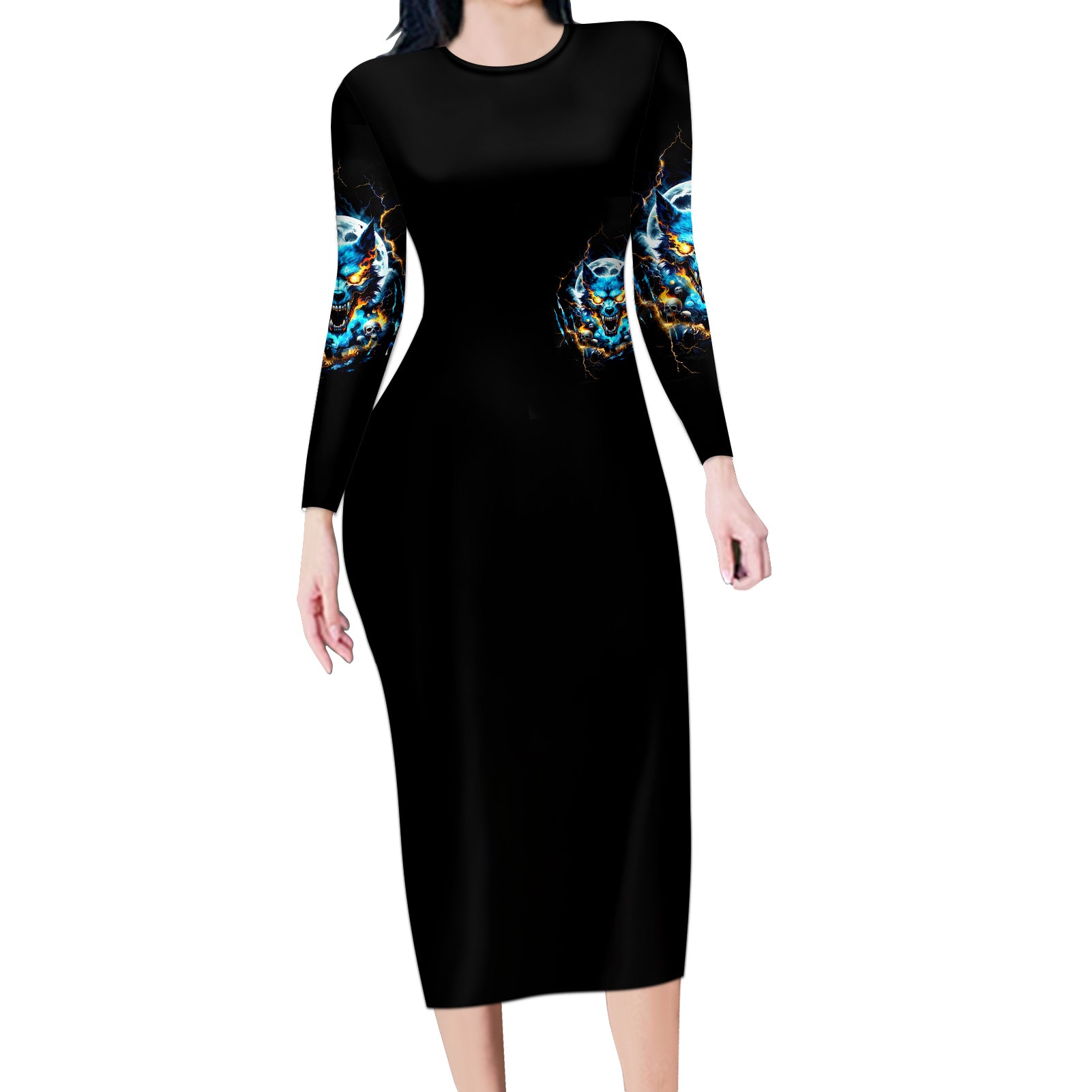 Wolf Skull Long Sleeve Bodycon Dress Born As Human But Wolft At Heart