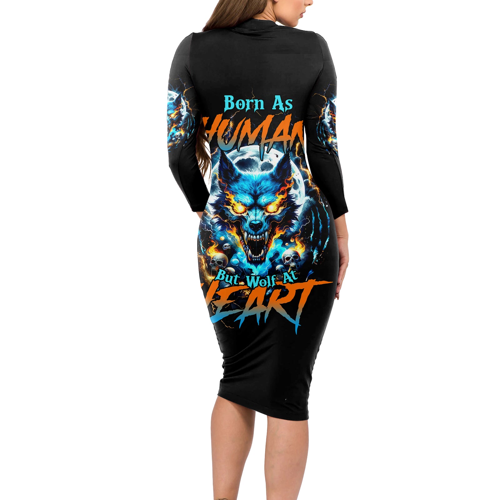 Wolf Skull Long Sleeve Bodycon Dress Born As Human But Wolft At Heart