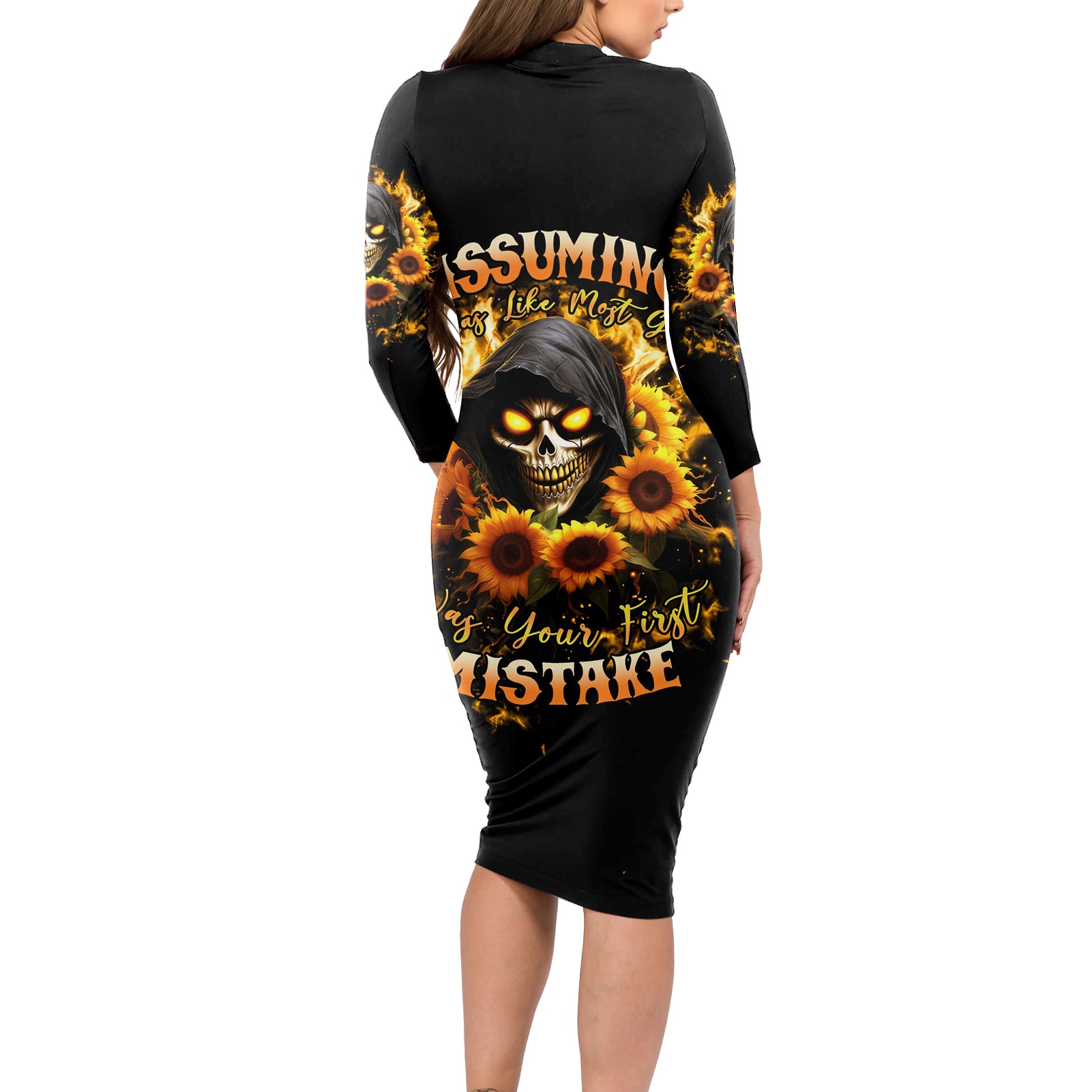 Sunflower Skull Long Sleeve Bodycon Dress Assuming I Was Like Most Girls Was Your First Mistake