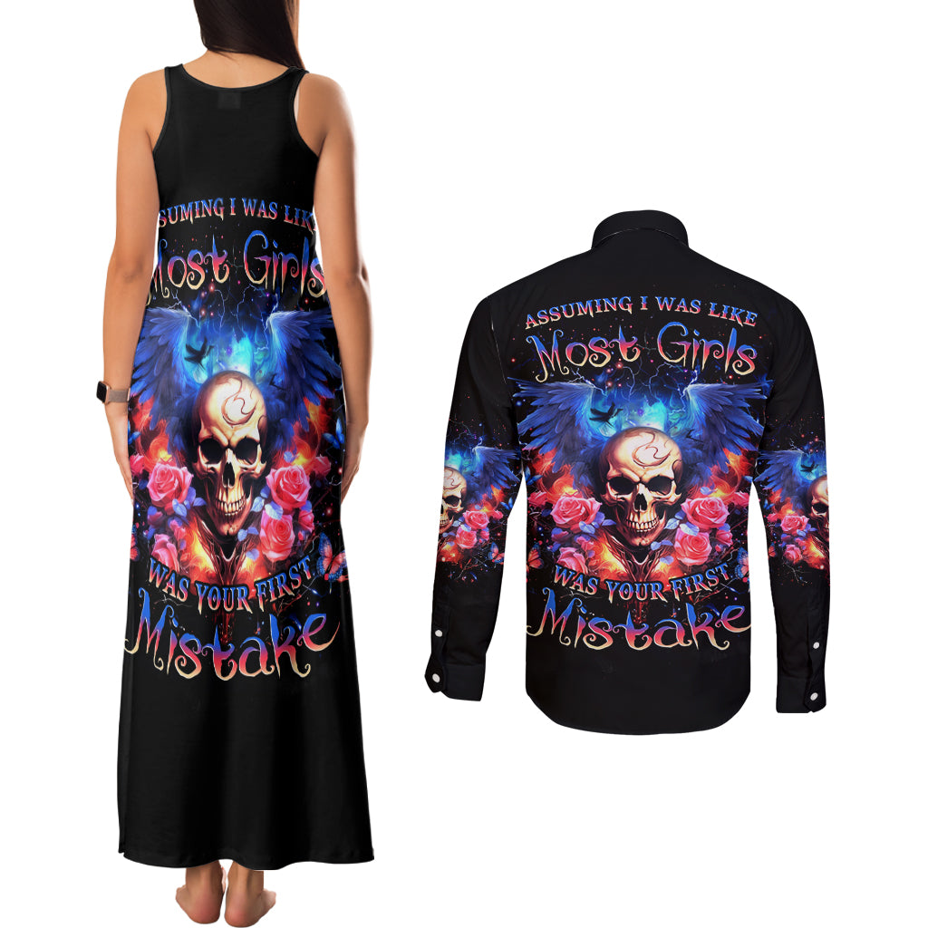 Fairy Skull Couples Matching Tank Maxi Dress and Long Sleeve Button Shirt Assuming I Was Like Most Girls Was Your First Mistake