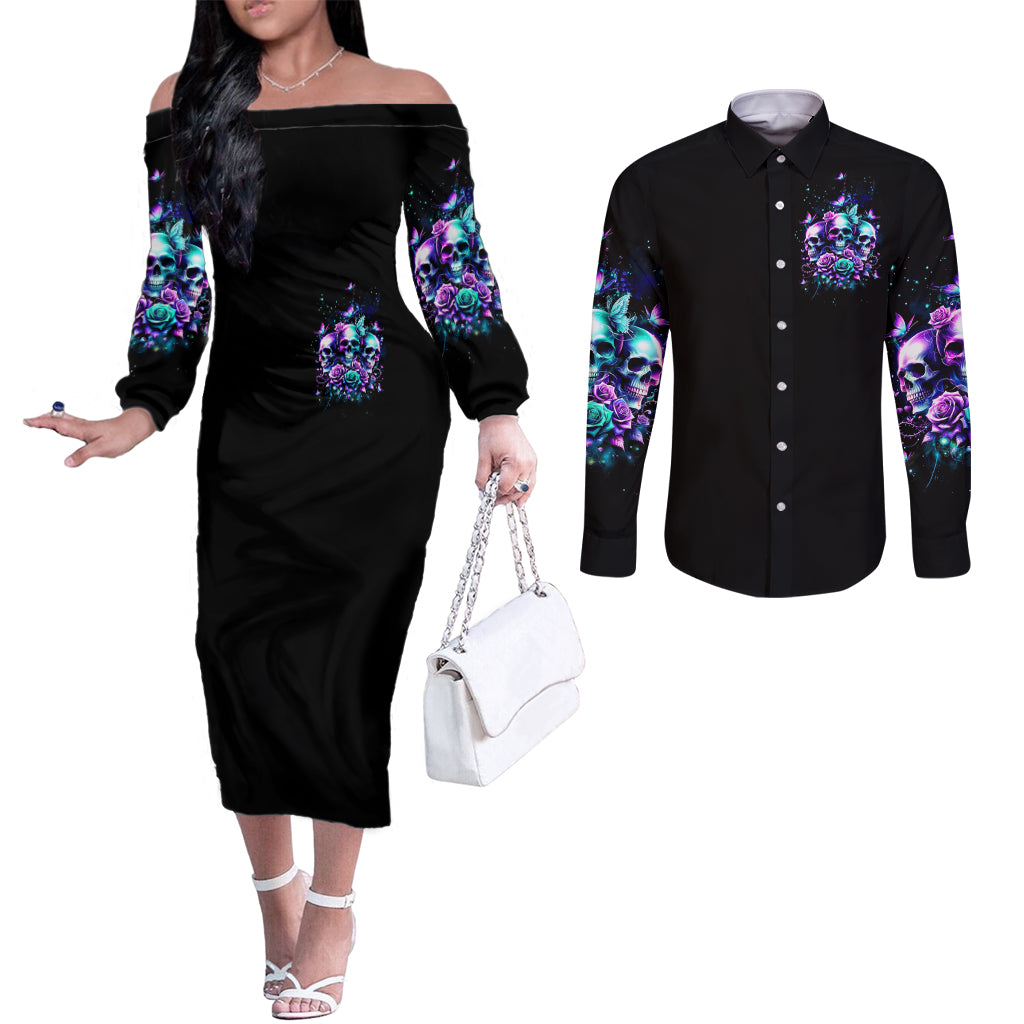 Rose Skull Couples Matching Off The Shoulder Long Sleeve Dress and Long Sleeve Button Shirt Stuck Between IDK IDC And IDGAF