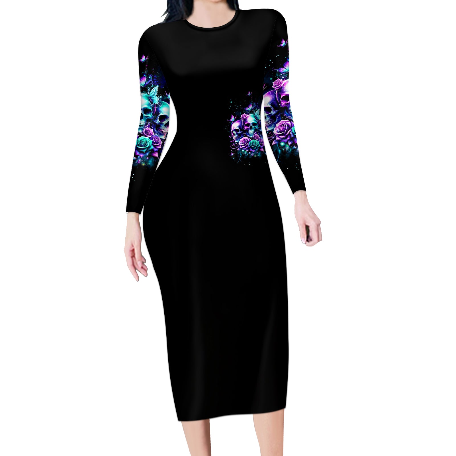 Rose Skull Long Sleeve Bodycon Dress Stuck Between IDK IDC And IDGAF