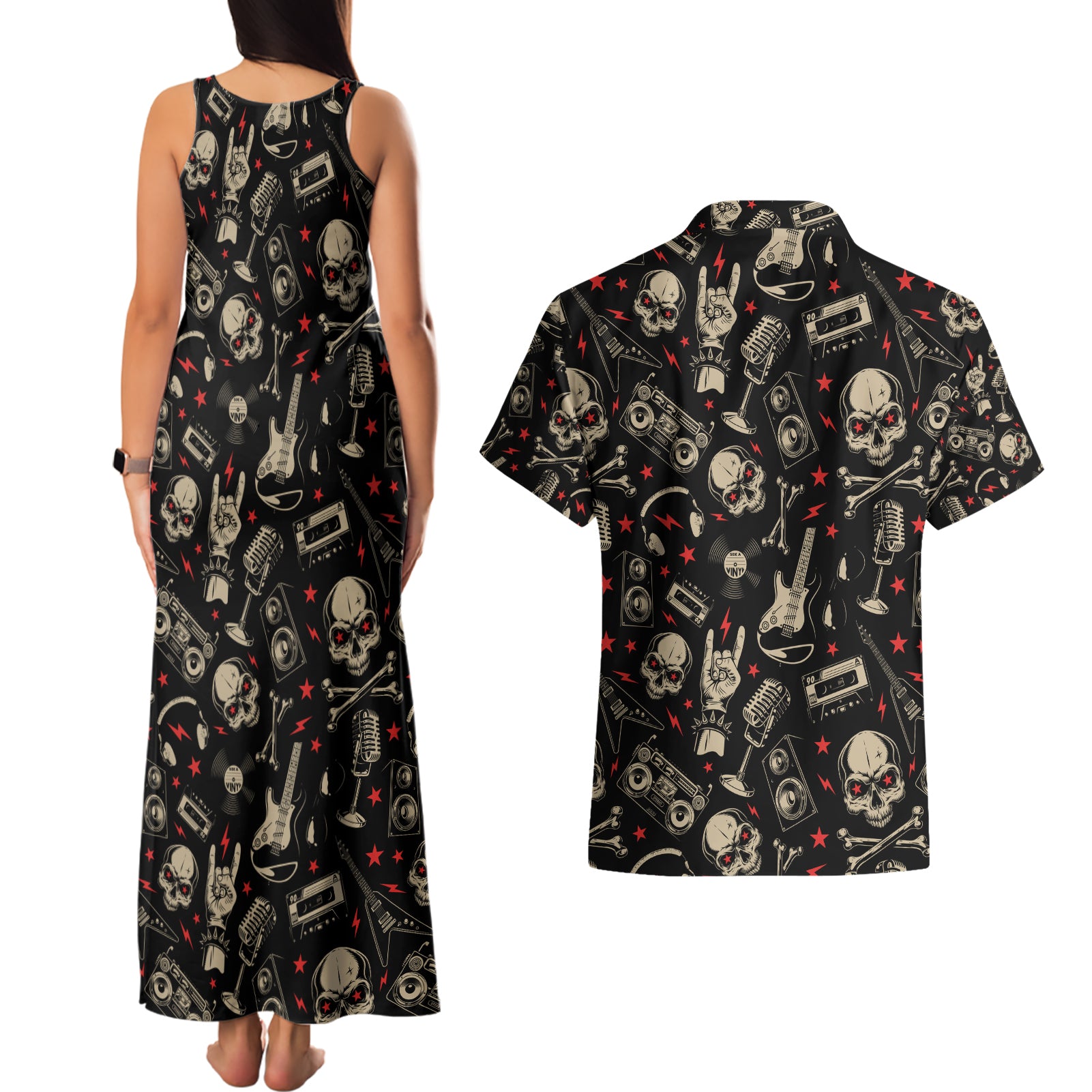rock-and-roll-skull-pattern-design-couples-matching-tank-maxi-dress-and-hawaiian-shirt