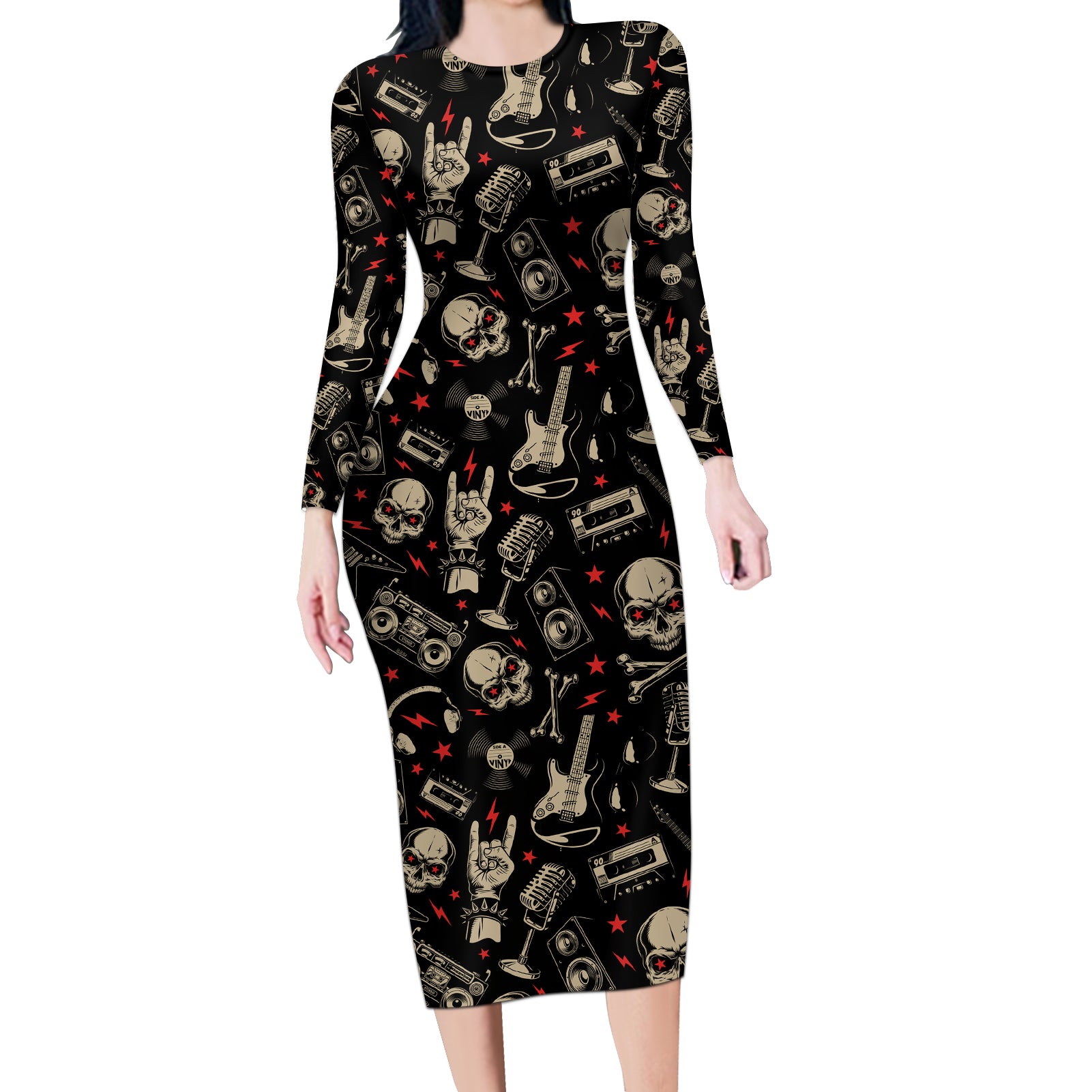 rock-and-roll-skull-pattern-design-long-sleeve-bodycon-dress