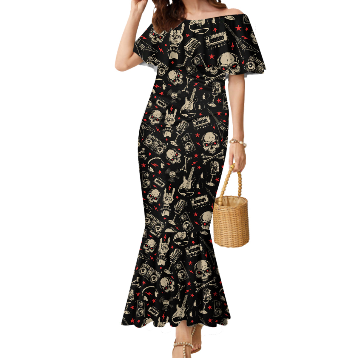 rock-and-roll-skull-pattern-design-mermaid-dress