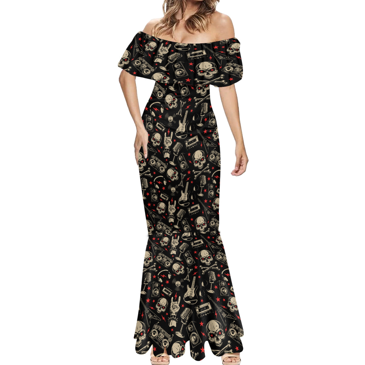 rock-and-roll-skull-pattern-design-mermaid-dress
