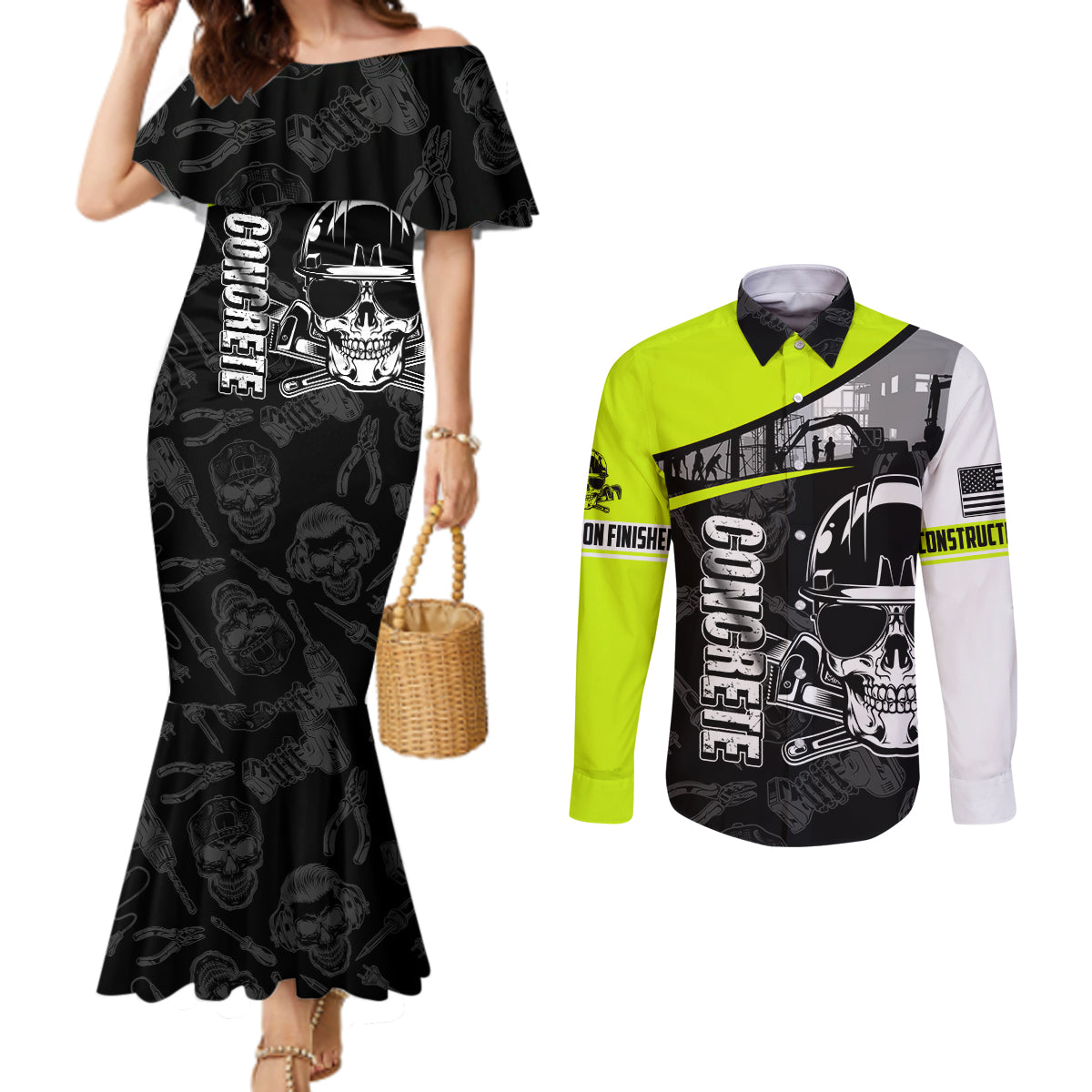 concrete-finisher-skull-on-site-couples-matching-mermaid-dress-and-long-sleeve-button-shirts