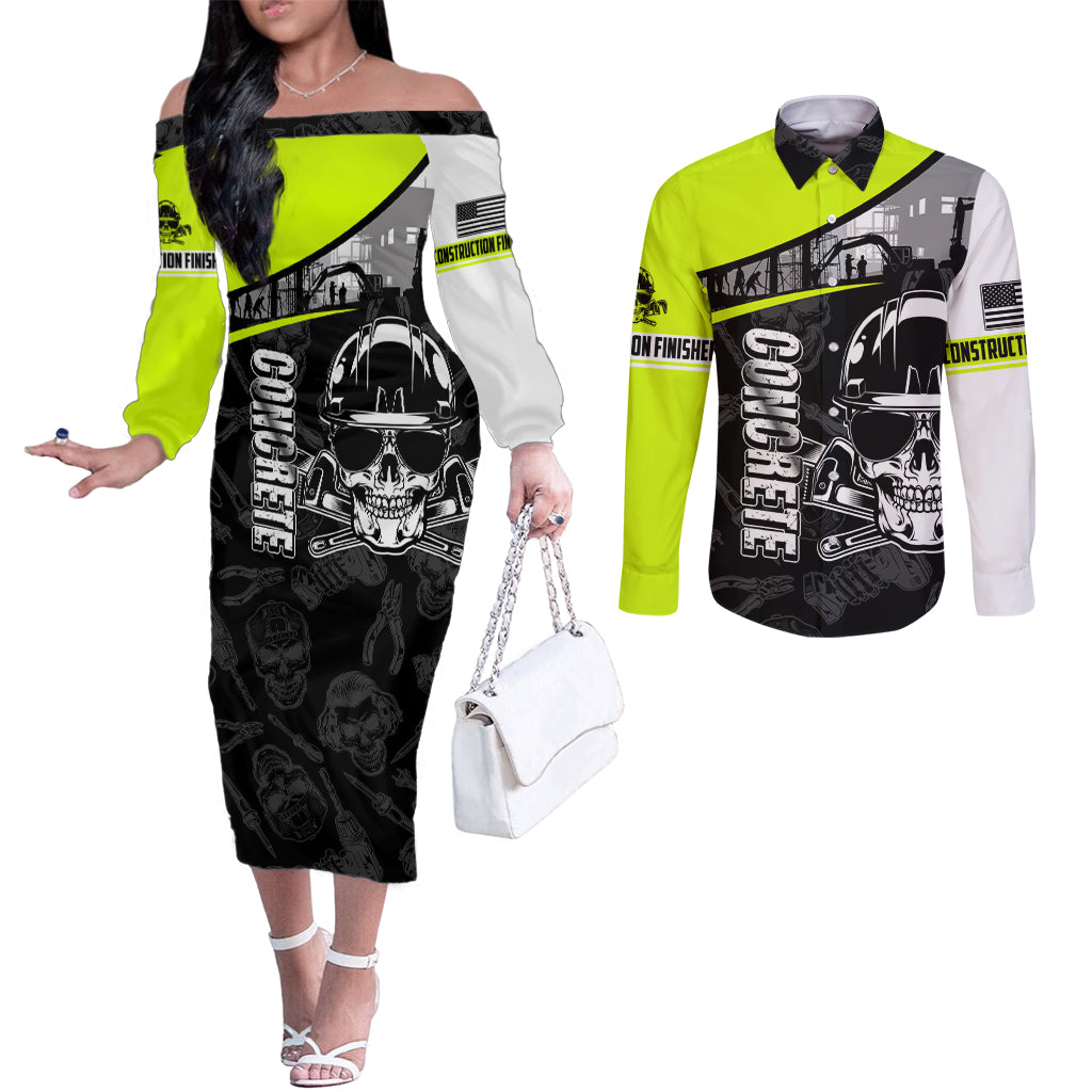 concrete-finisher-skull-on-site-couples-matching-off-the-shoulder-long-sleeve-dress-and-long-sleeve-button-shirts