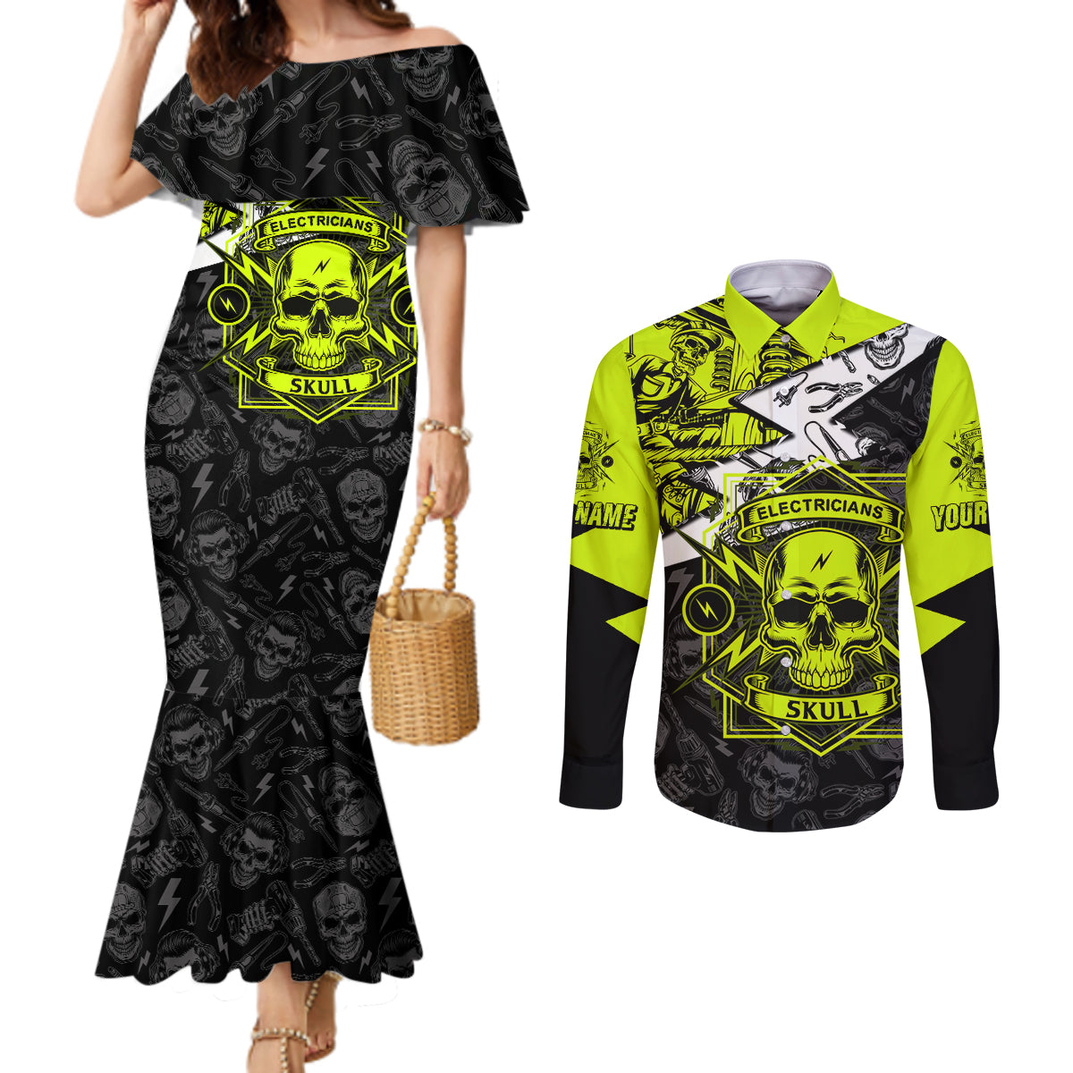 personalised-electricians-skull-couples-matching-mermaid-dress-and-long-sleeve-button-shirts