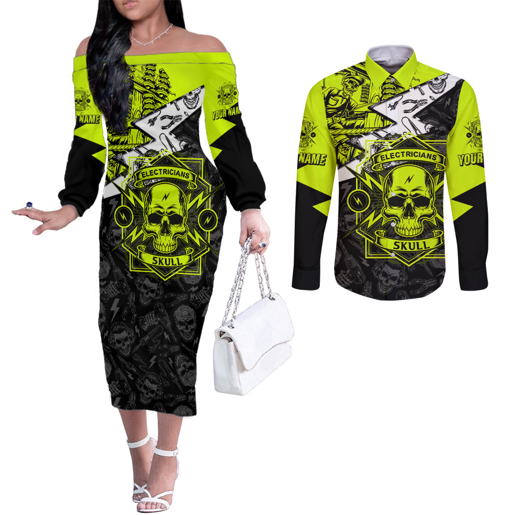 personalised-electricians-skull-couples-matching-off-the-shoulder-long-sleeve-dress-and-long-sleeve-button-shirts