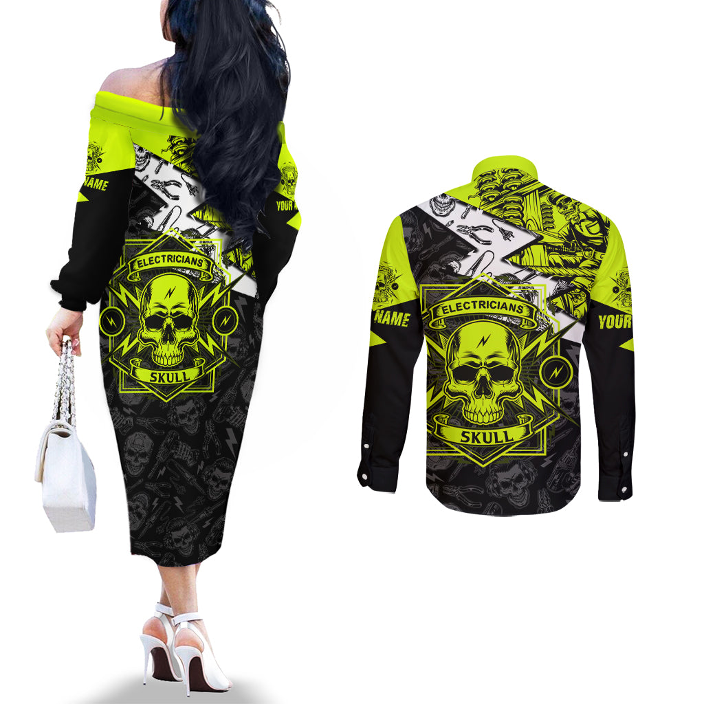personalised-electricians-skull-couples-matching-off-the-shoulder-long-sleeve-dress-and-long-sleeve-button-shirts