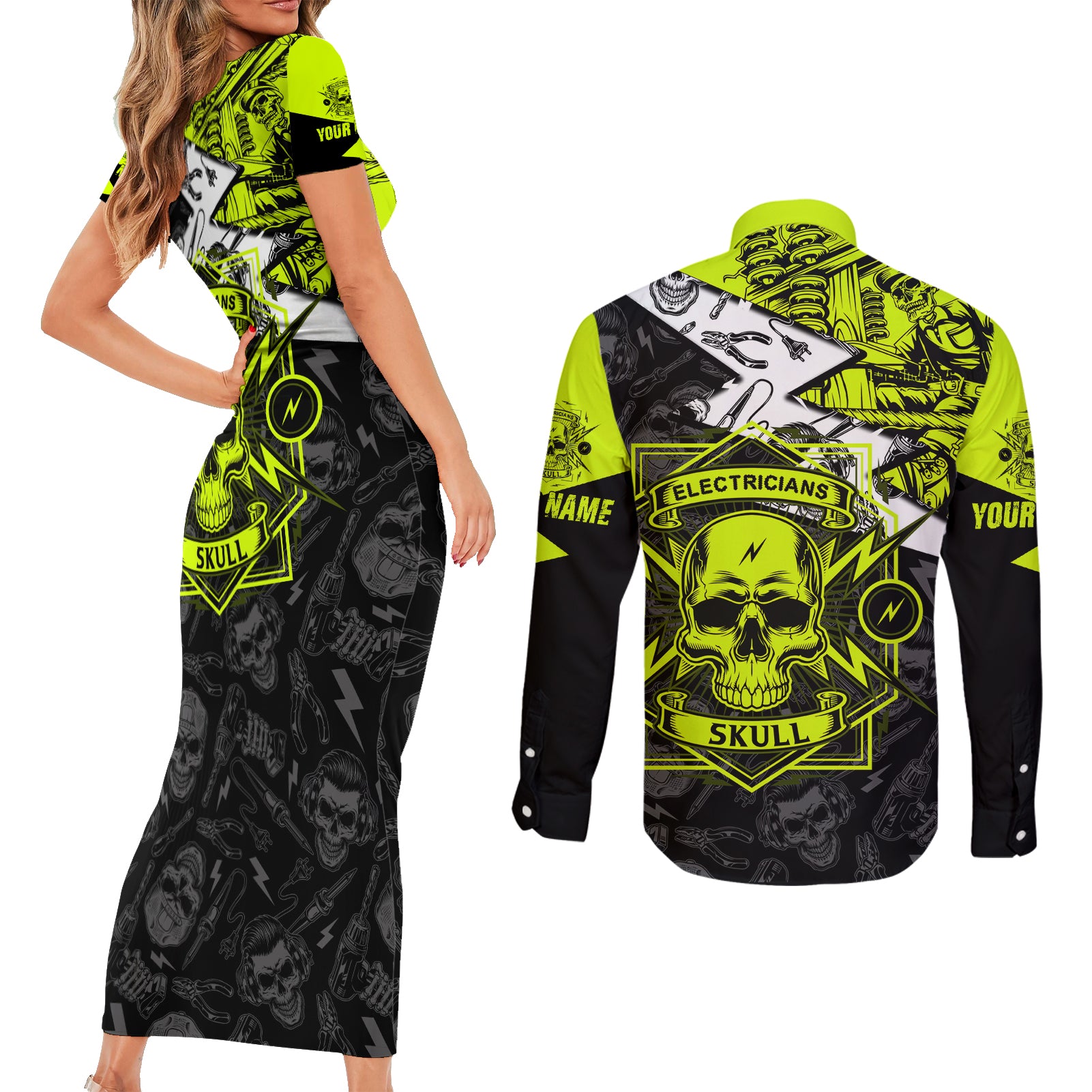 personalised-electricians-skull-couples-matching-short-sleeve-bodycon-dress-and-long-sleeve-button-shirts
