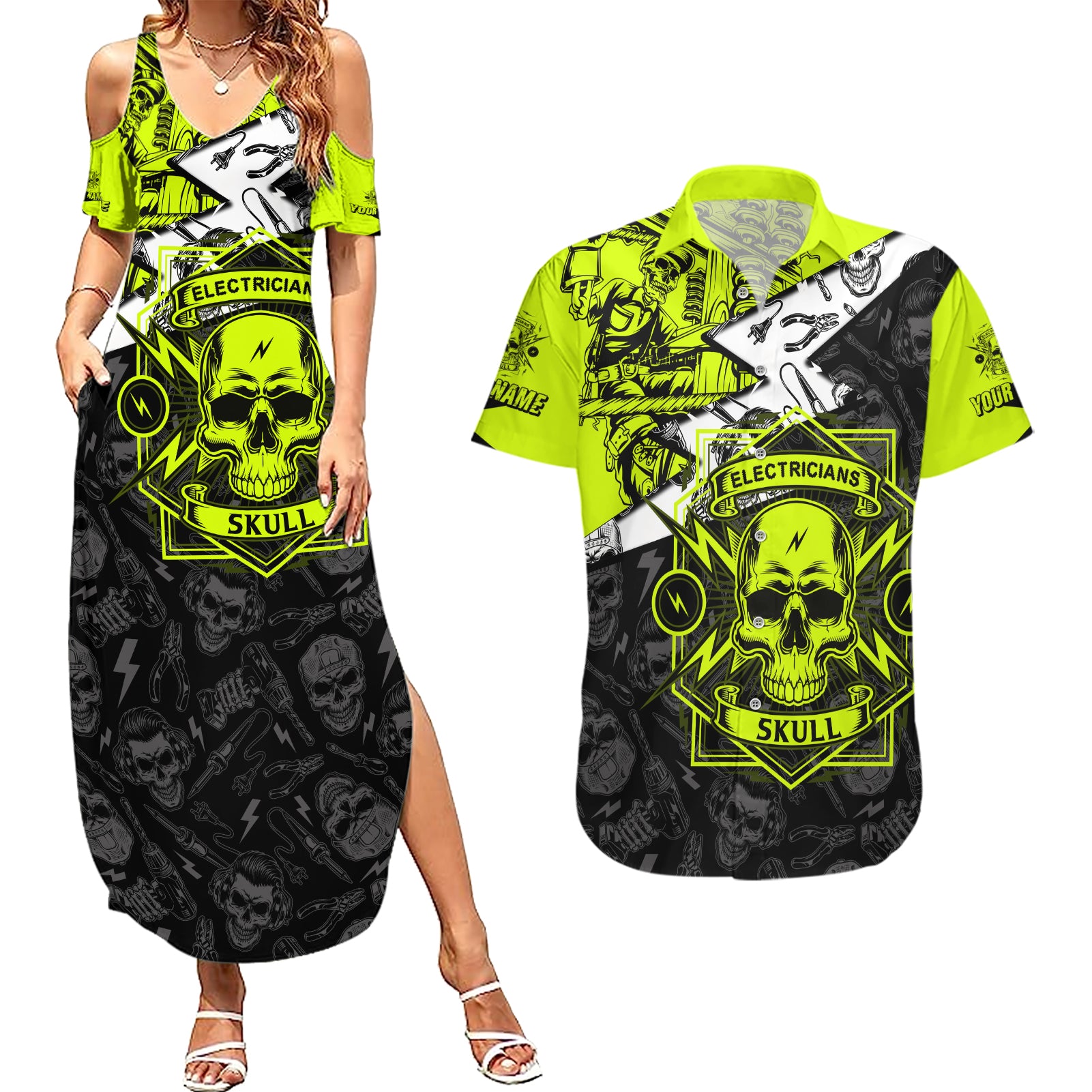 personalised-electricians-skull-couples-matching-summer-maxi-dress-and-hawaiian-shirt
