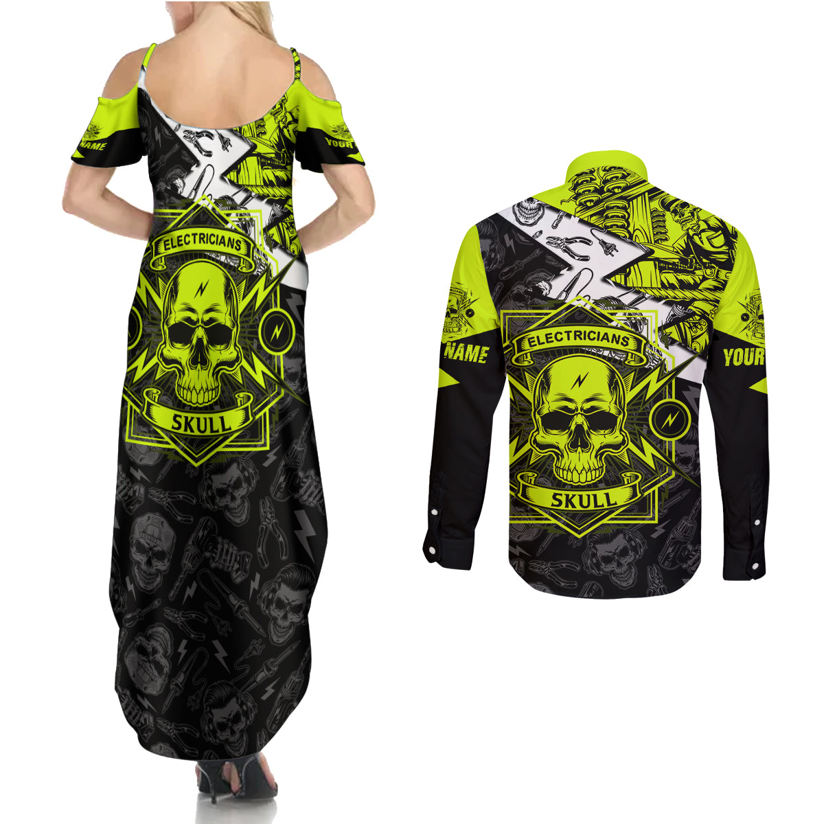 personalised-electricians-skull-couples-matching-summer-maxi-dress-and-long-sleeve-button-shirts