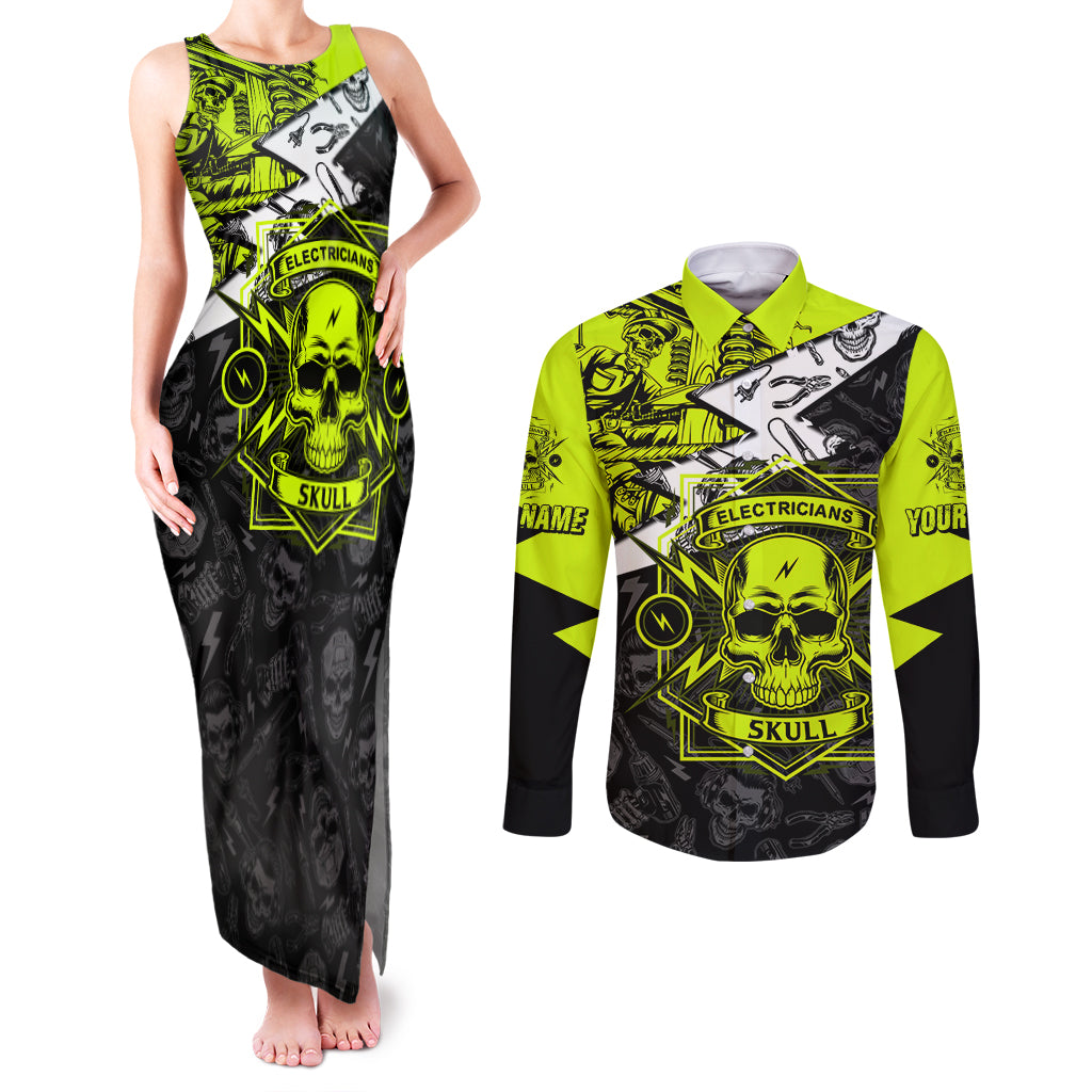 personalised-electricians-skull-couples-matching-tank-maxi-dress-and-long-sleeve-button-shirts