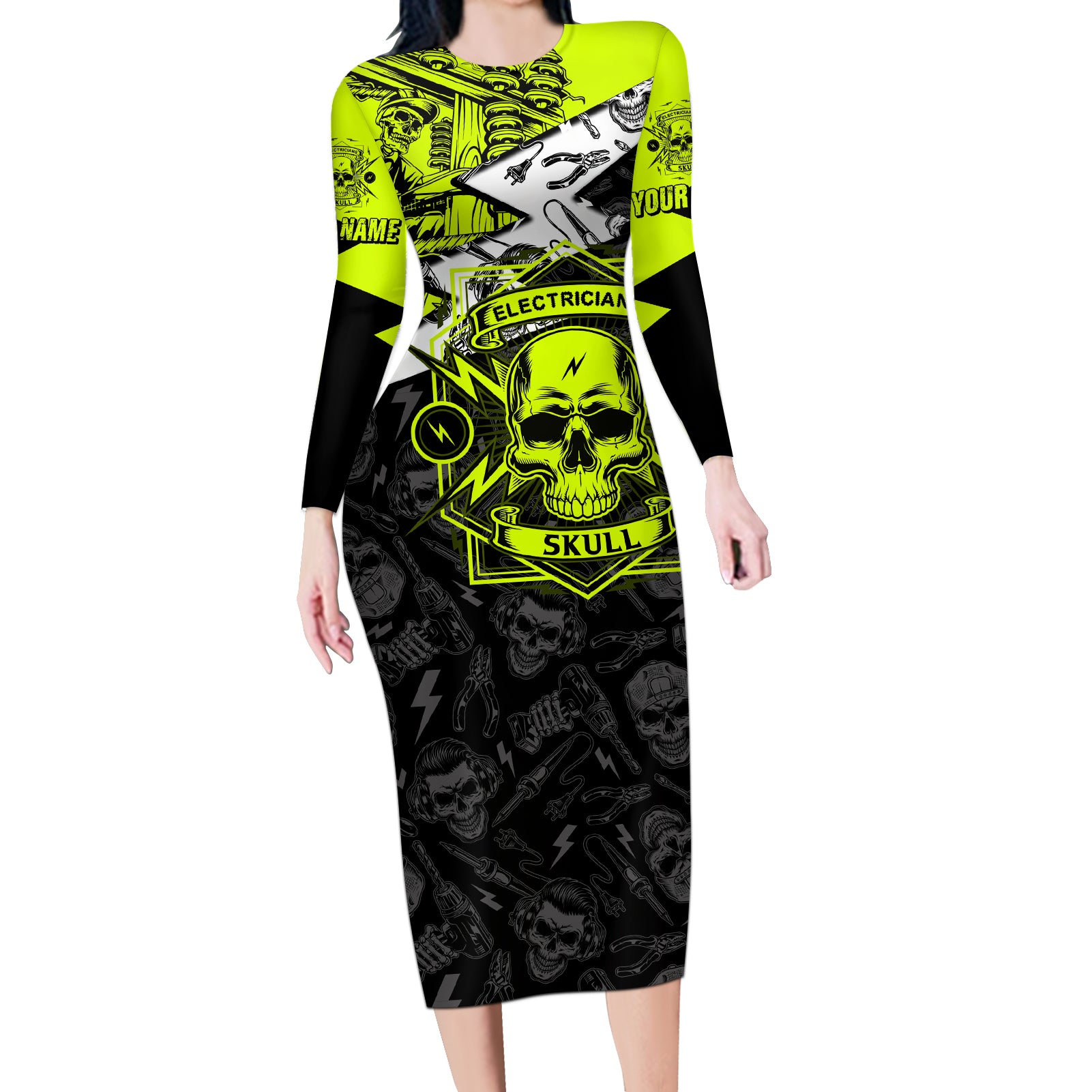 personalised-electricians-skull-long-sleeve-bodycon-dress