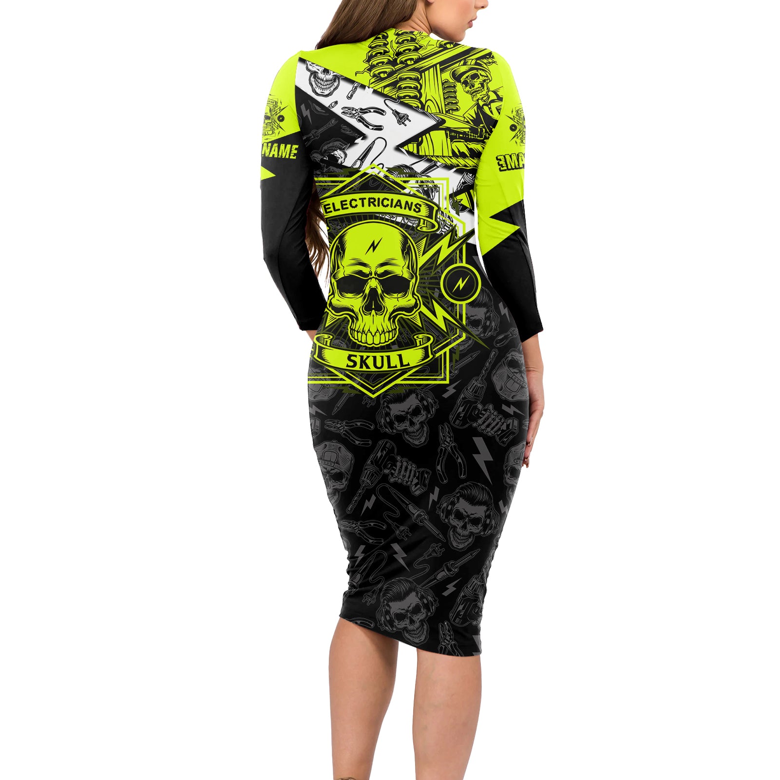 personalised-electricians-skull-long-sleeve-bodycon-dress