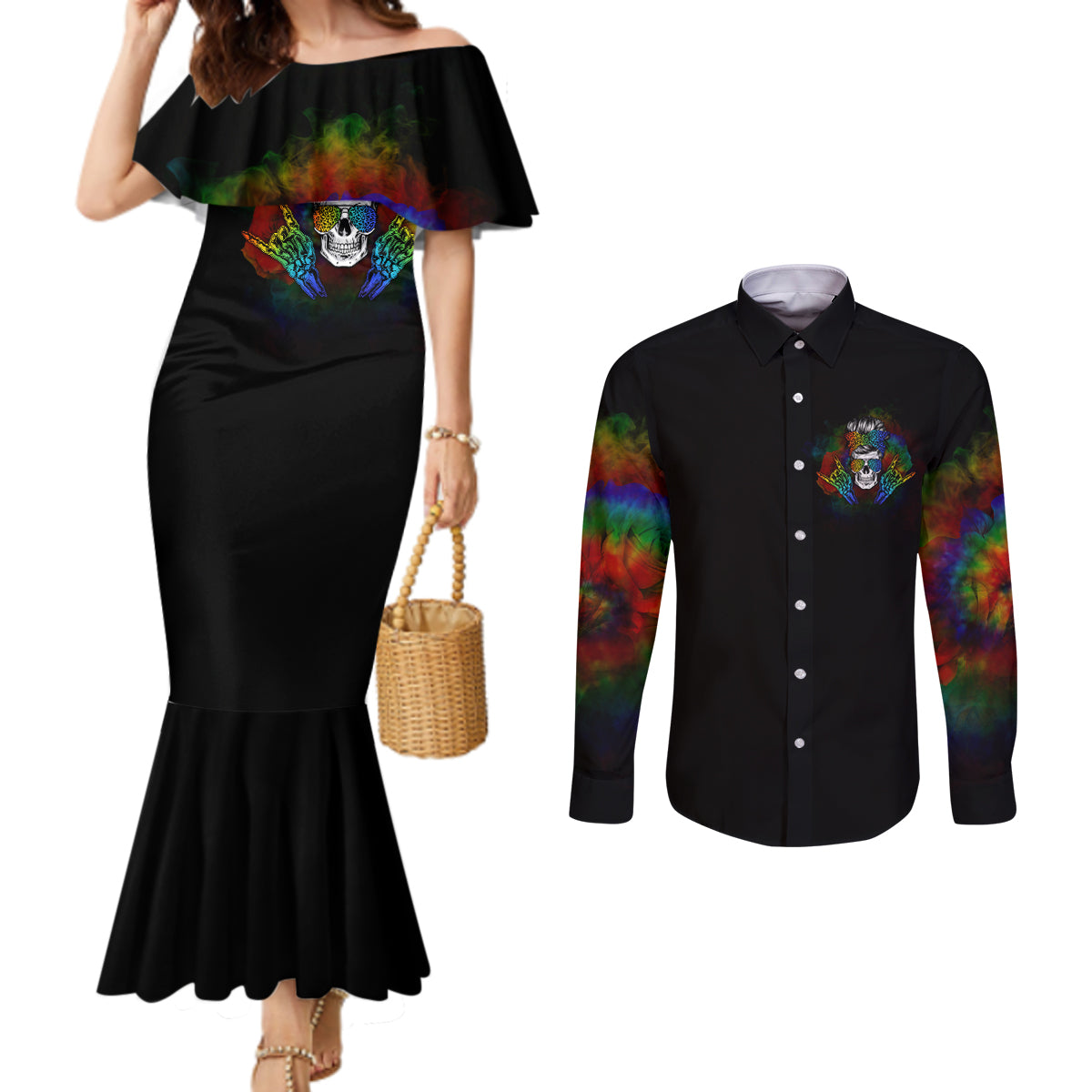 lgbt-rockin-the-rainbow-life-skull-couples-matching-mermaid-dress-and-long-sleeve-button-shirts