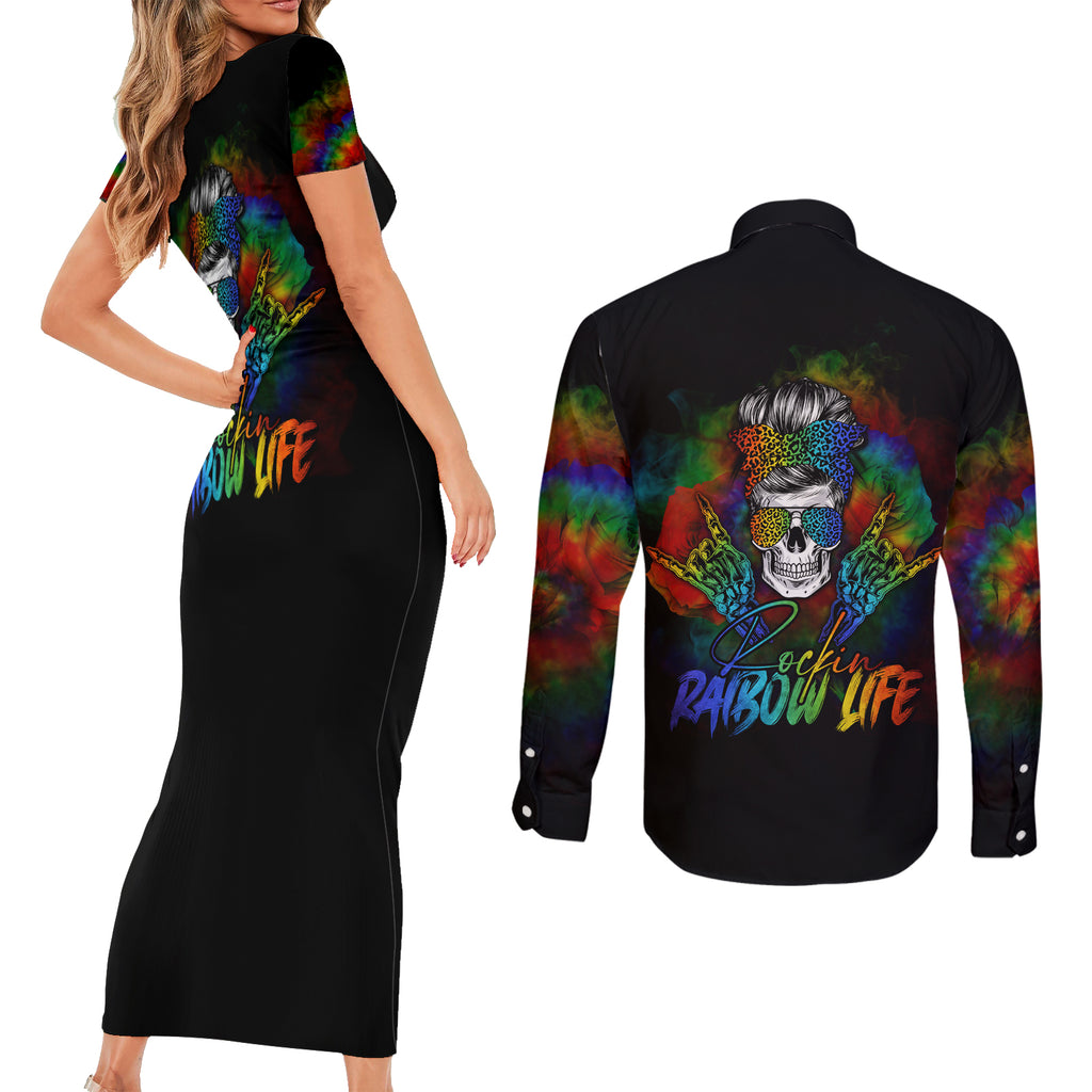 lgbt-rockin-the-rainbow-life-skull-couples-matching-short-sleeve-bodycon-dress-and-long-sleeve-button-shirts