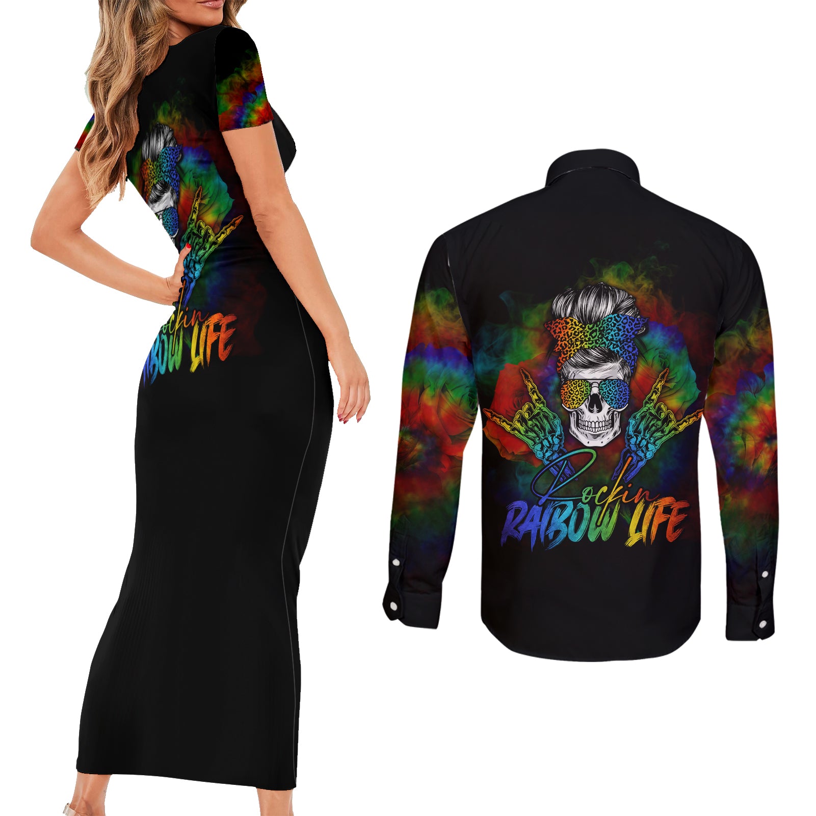 lgbt-rockin-the-rainbow-life-skull-couples-matching-short-sleeve-bodycon-dress-and-long-sleeve-button-shirts